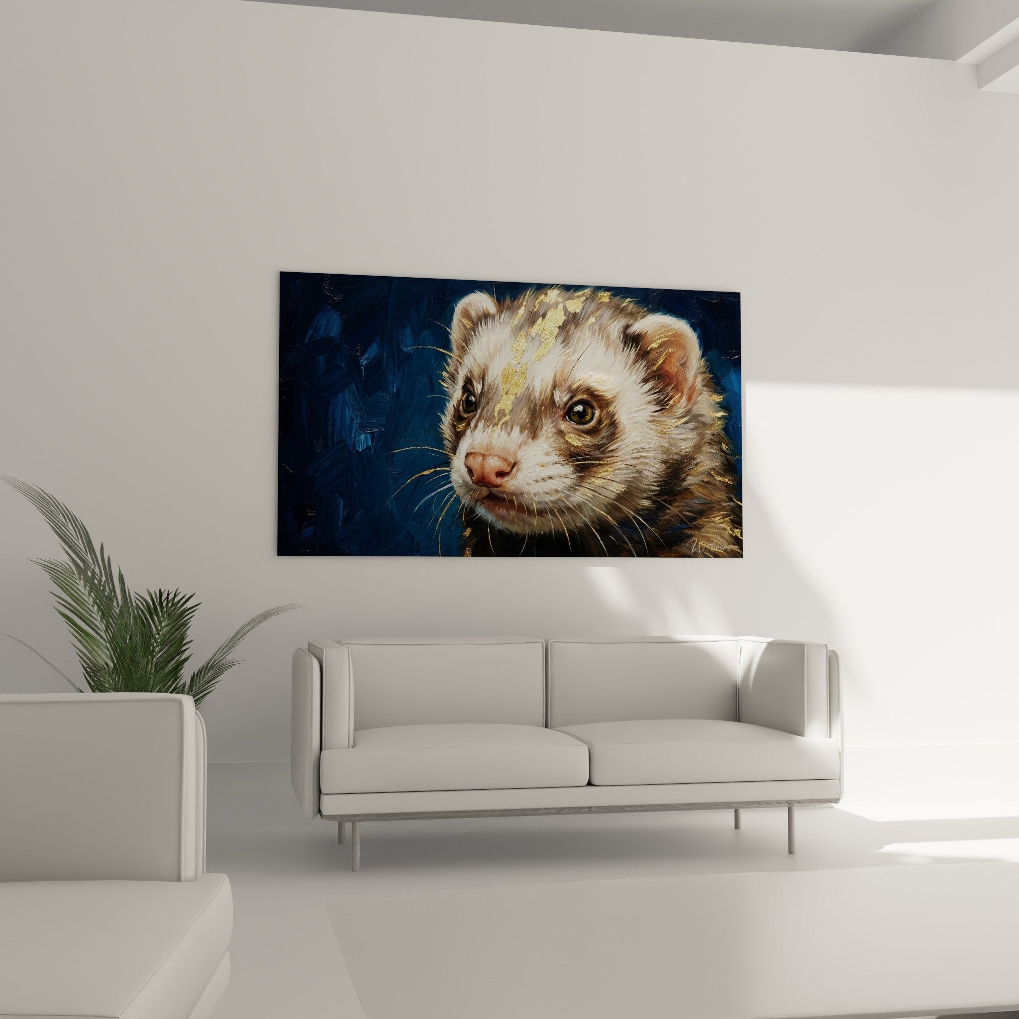 Close-up of the ferret's amber gaze, golden painting technique on cream fur, contemporary animal art