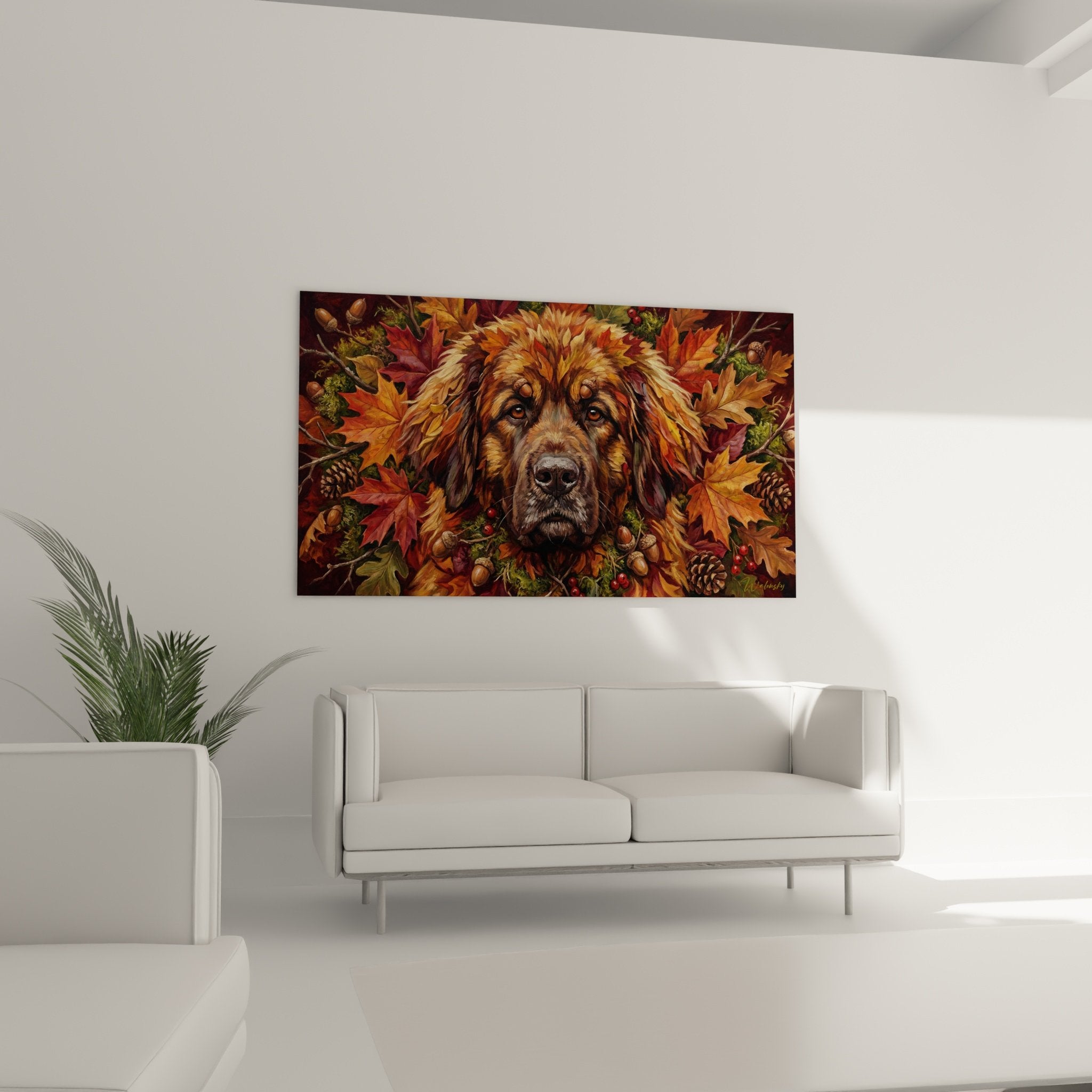 Détail rapproché du regard mélancolique du Leonberg et des feuilles d'érable roux de l'œuvre artistique