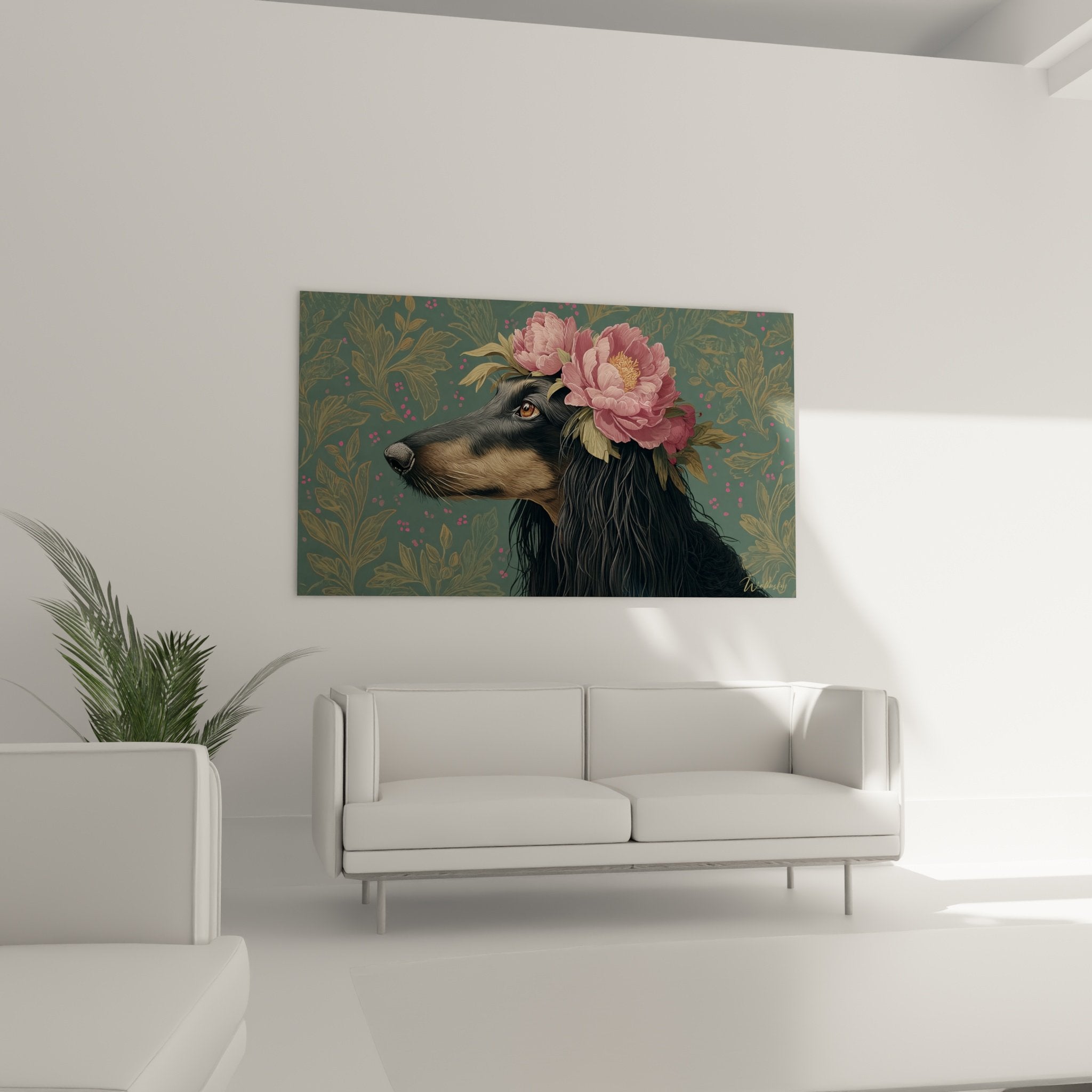 Detail des ausdrucksstarken Blicks des afghanischen Windhunds und der zarten rosa Pfingstrosen