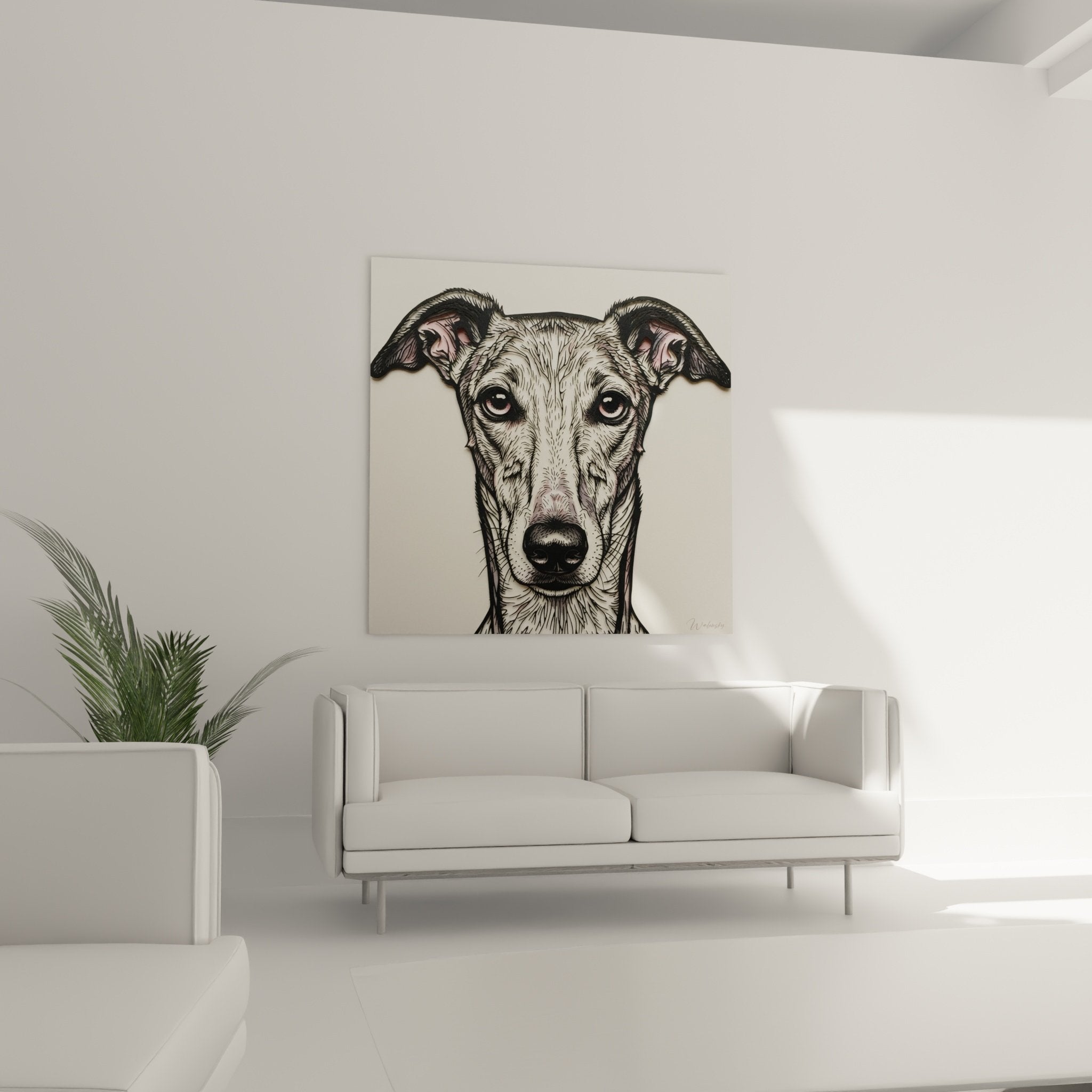 Détail du regard expressif et des oreilles rosées du lévrier greyhound dans illustration réaliste