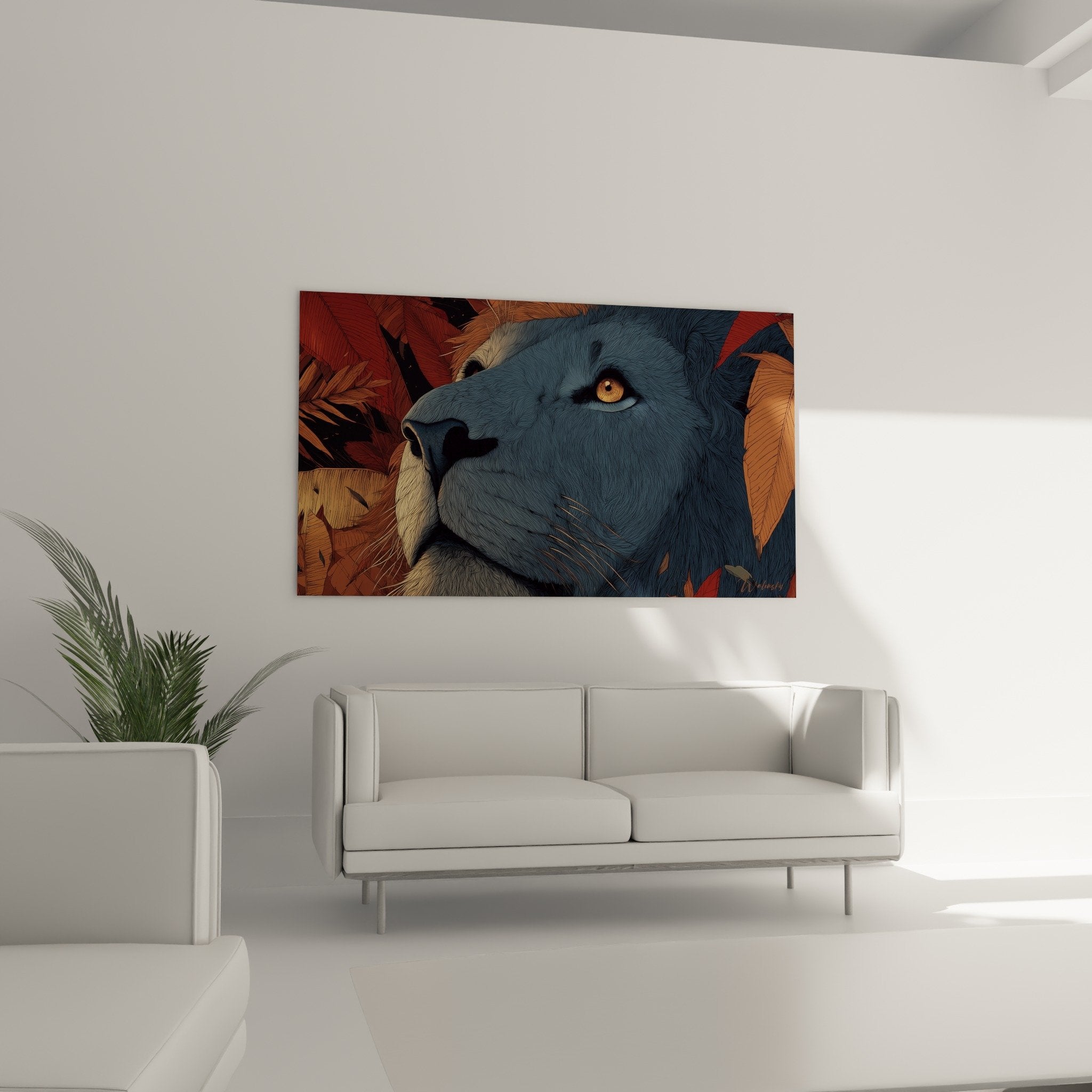 Détail du regard doré perçant du lion bleu avec texture de fourrure et nuances cuivrées en gros plan artistique