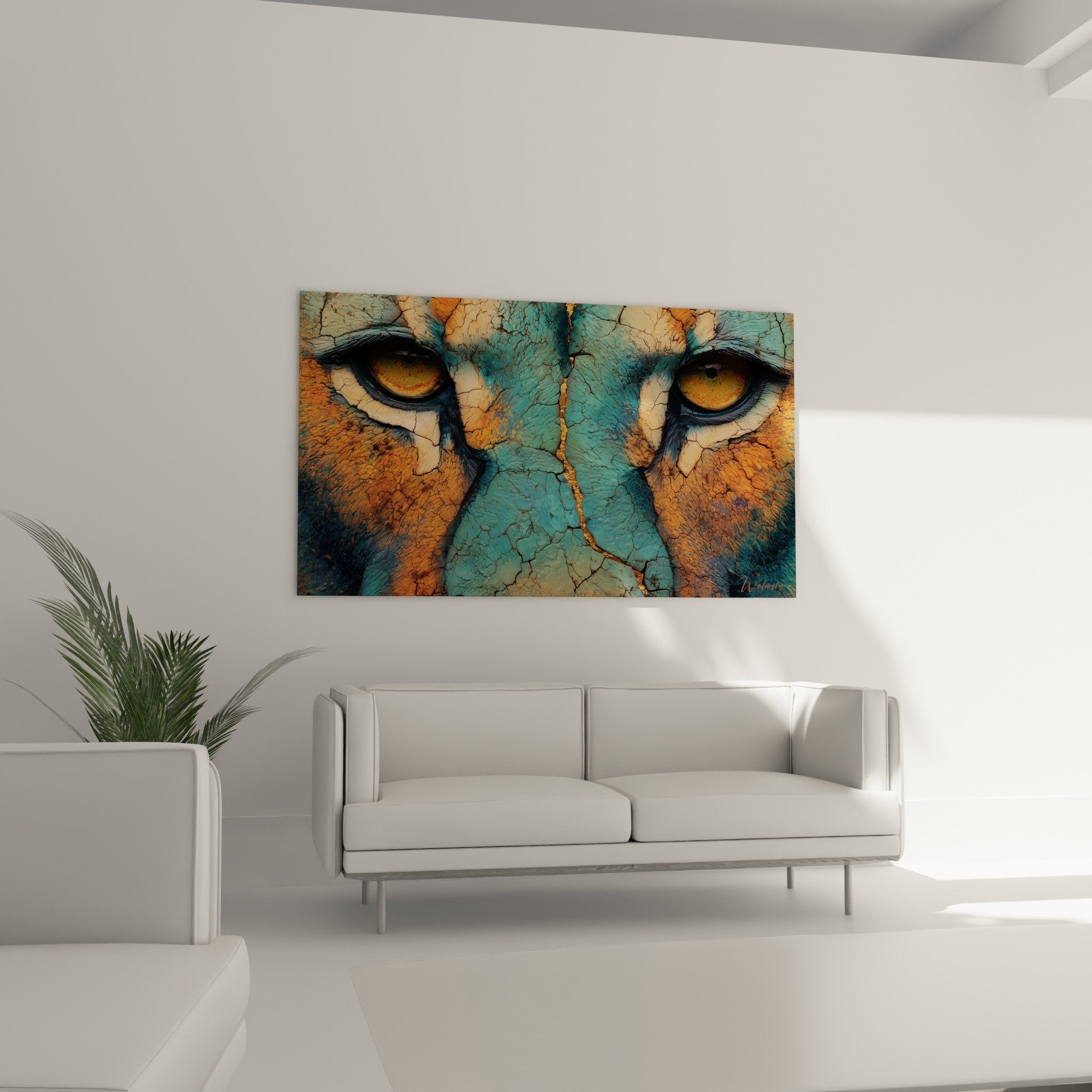 Detailblick Löwe goldene Augen bernsteinfarbene Iris türkisfarbene Kupfer-Rissstruktur zeitgenössische Wandkunst