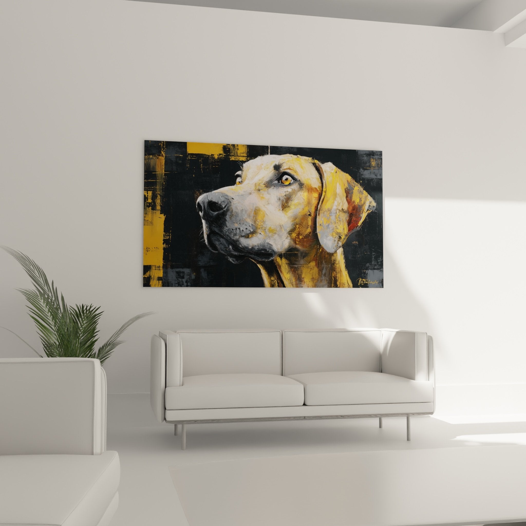 Détail du regard ambré et des nuances dorées du portrait de Rhodesian Ridgeback contemporain