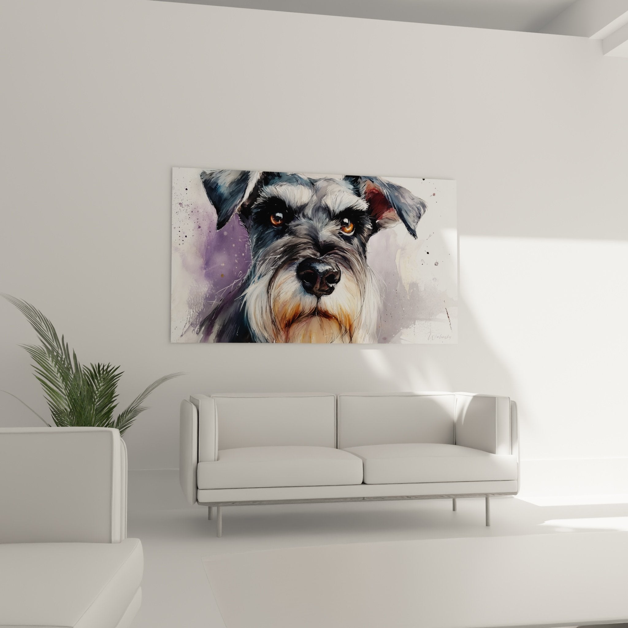 Détail regard ambré Schnauzer pelage gris technique aquarelle portrait canin artistique
