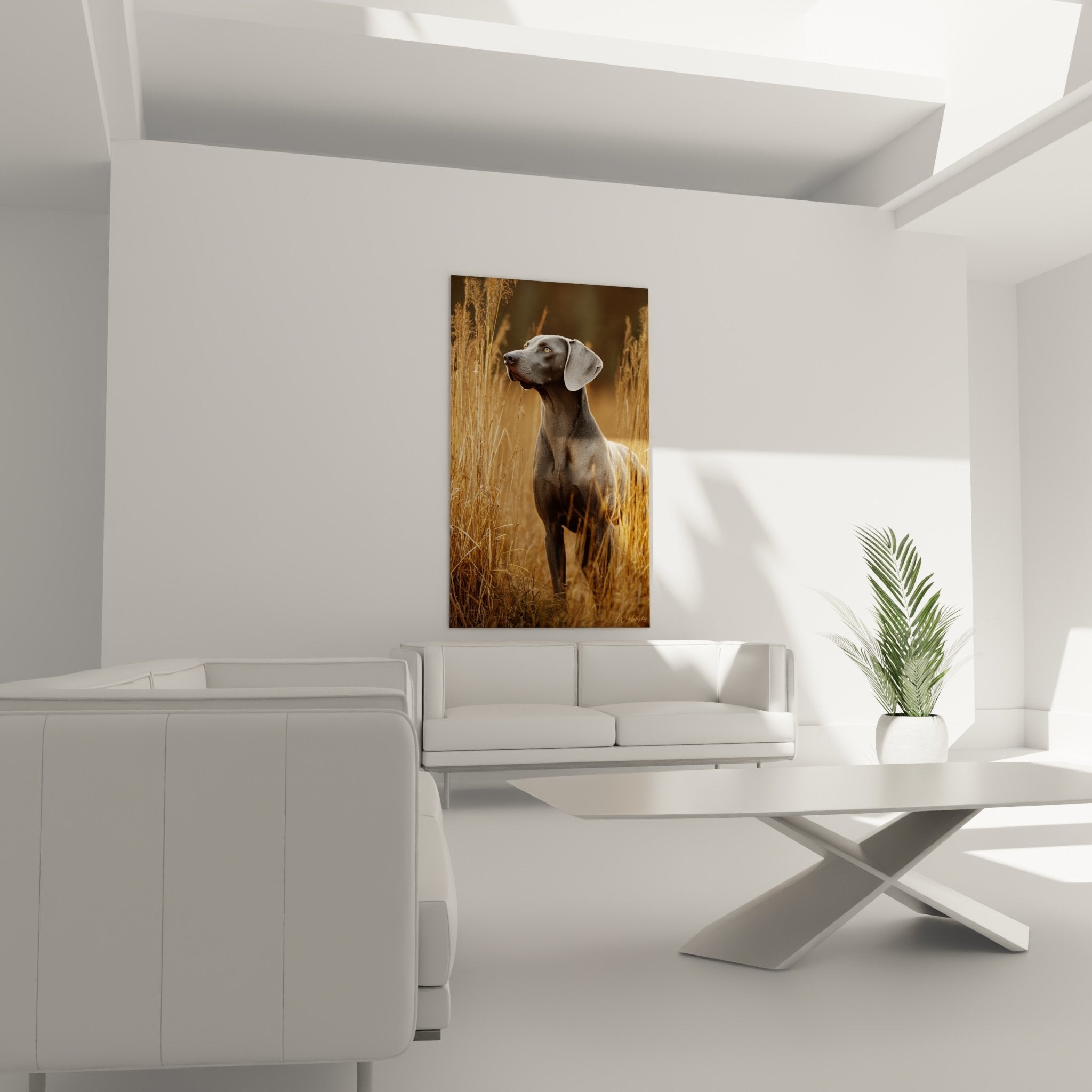 Détail du regard ambre intense du Weimaraner, expression contemplative et noble sur fond doré flou