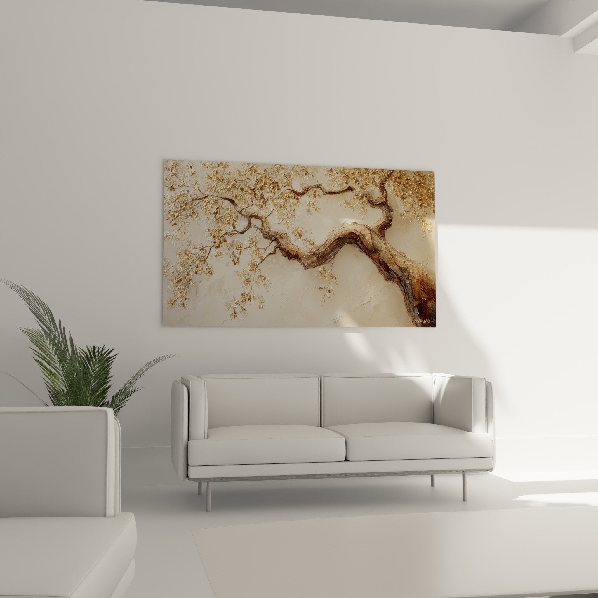 Detailreliefplastik vergoldete Blattwerk Baum des Lebens dreidimensionale Textur goldene Beige edle Materialien