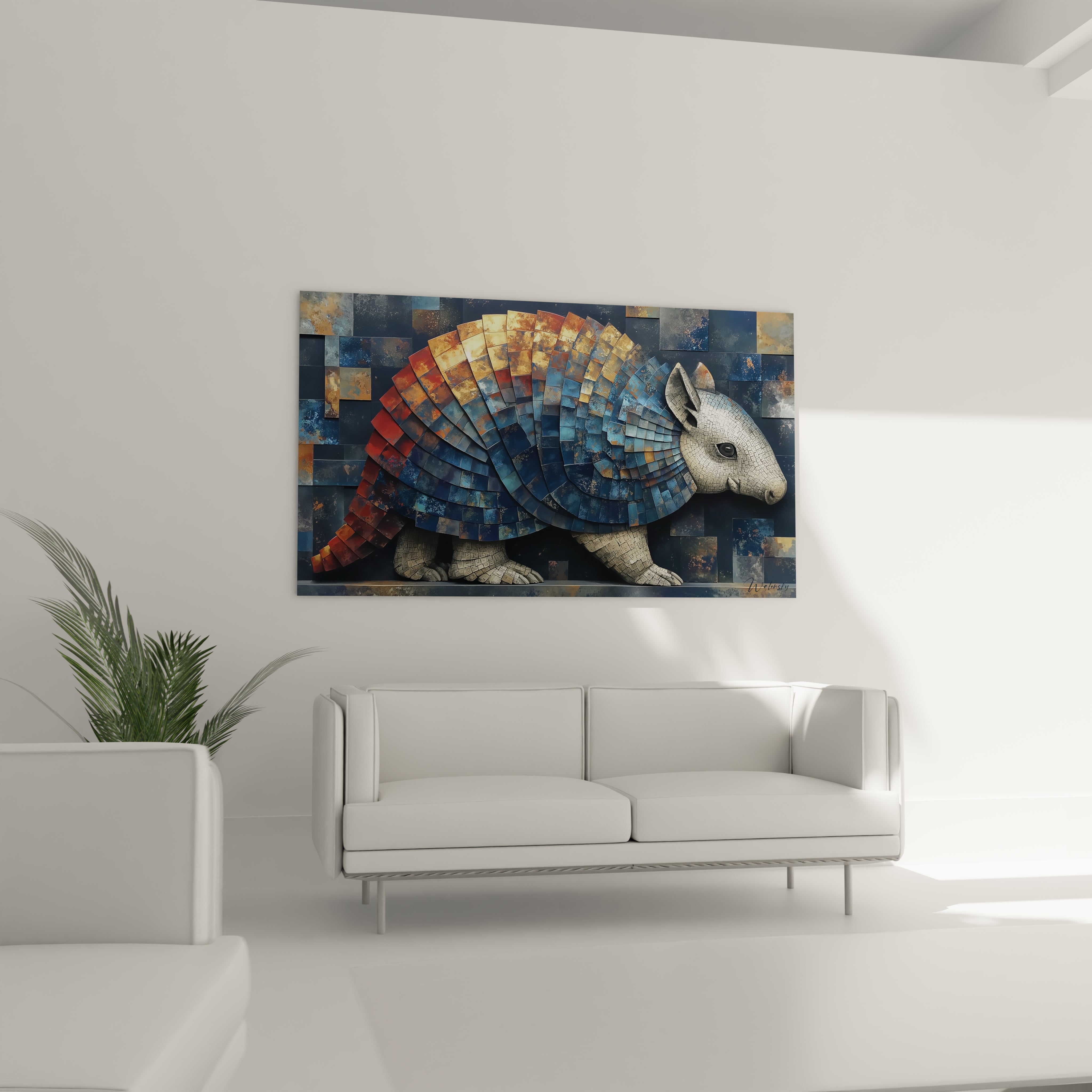 Détail gros plan texture relief mosaïque tatou tableau mural contemporain