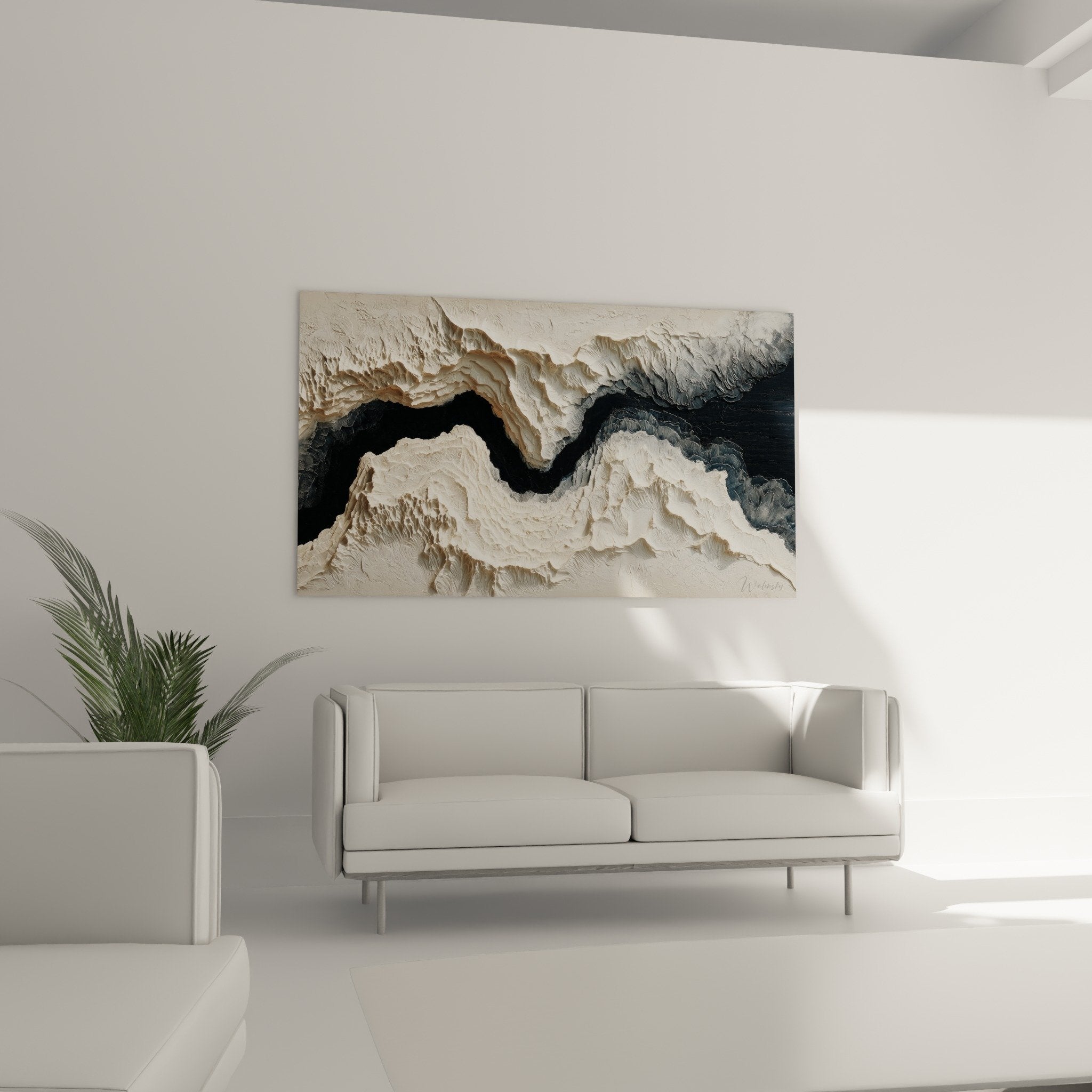 detailed relief wall sculpture white grey textures shadow and light play contemporary art feng shui