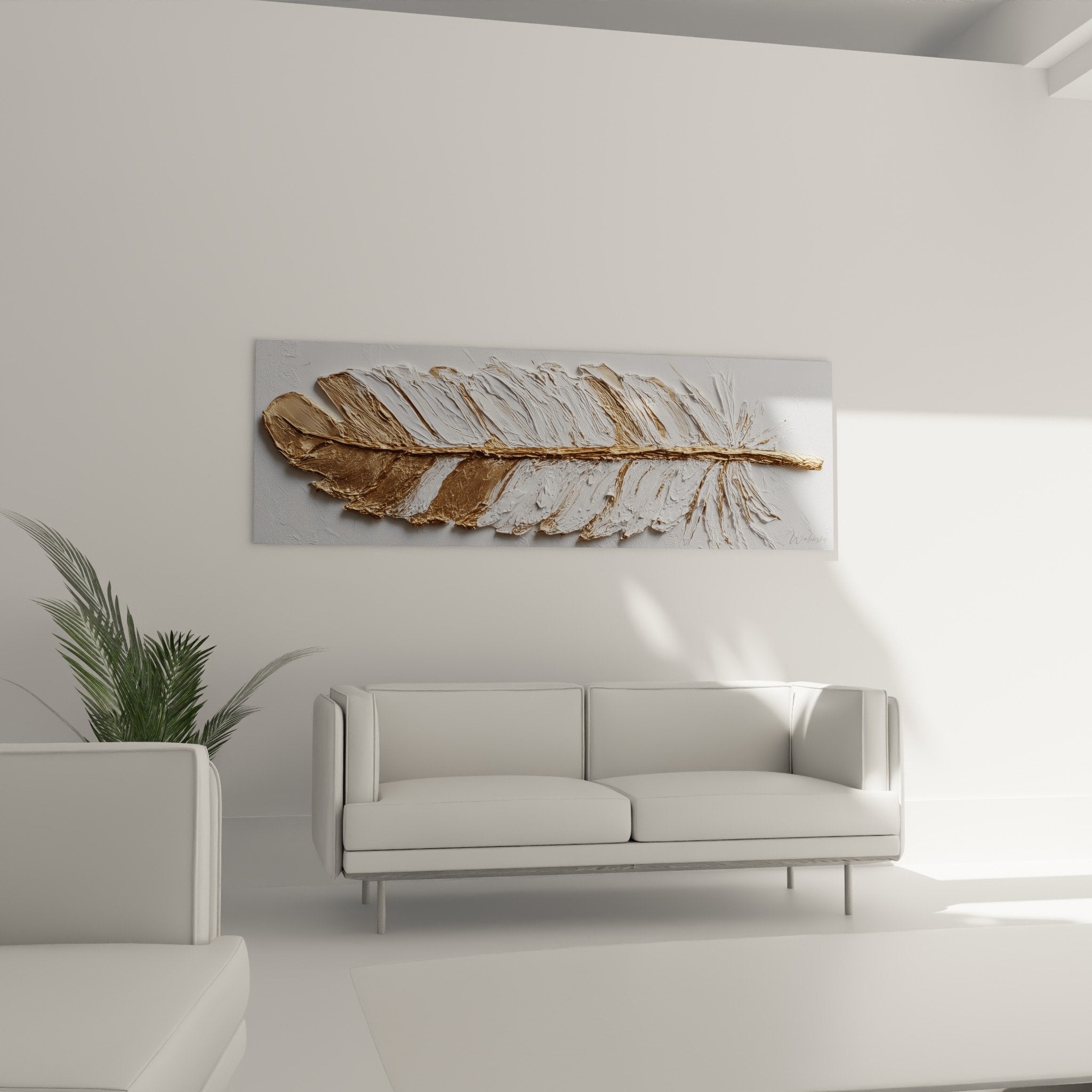 Détail relief texturé plume dorée reflets métalliques or tableau edition plume matière sculptée