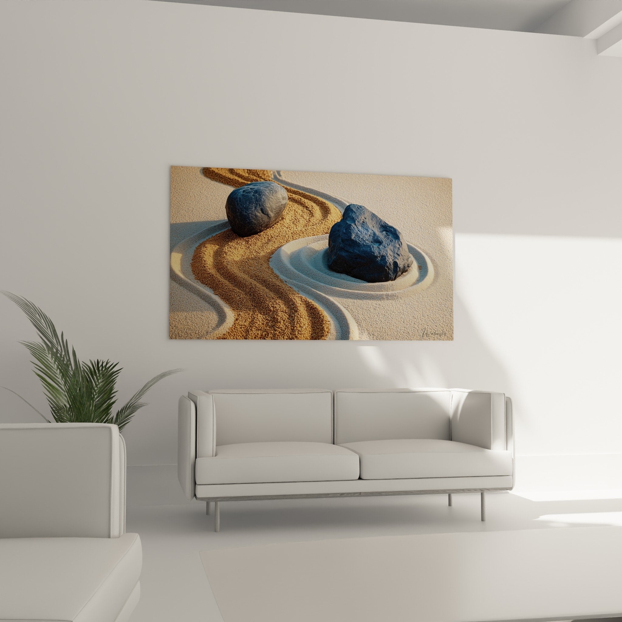 detail grey blue rocks golden spirals engraved sand mineral texture zen wall art