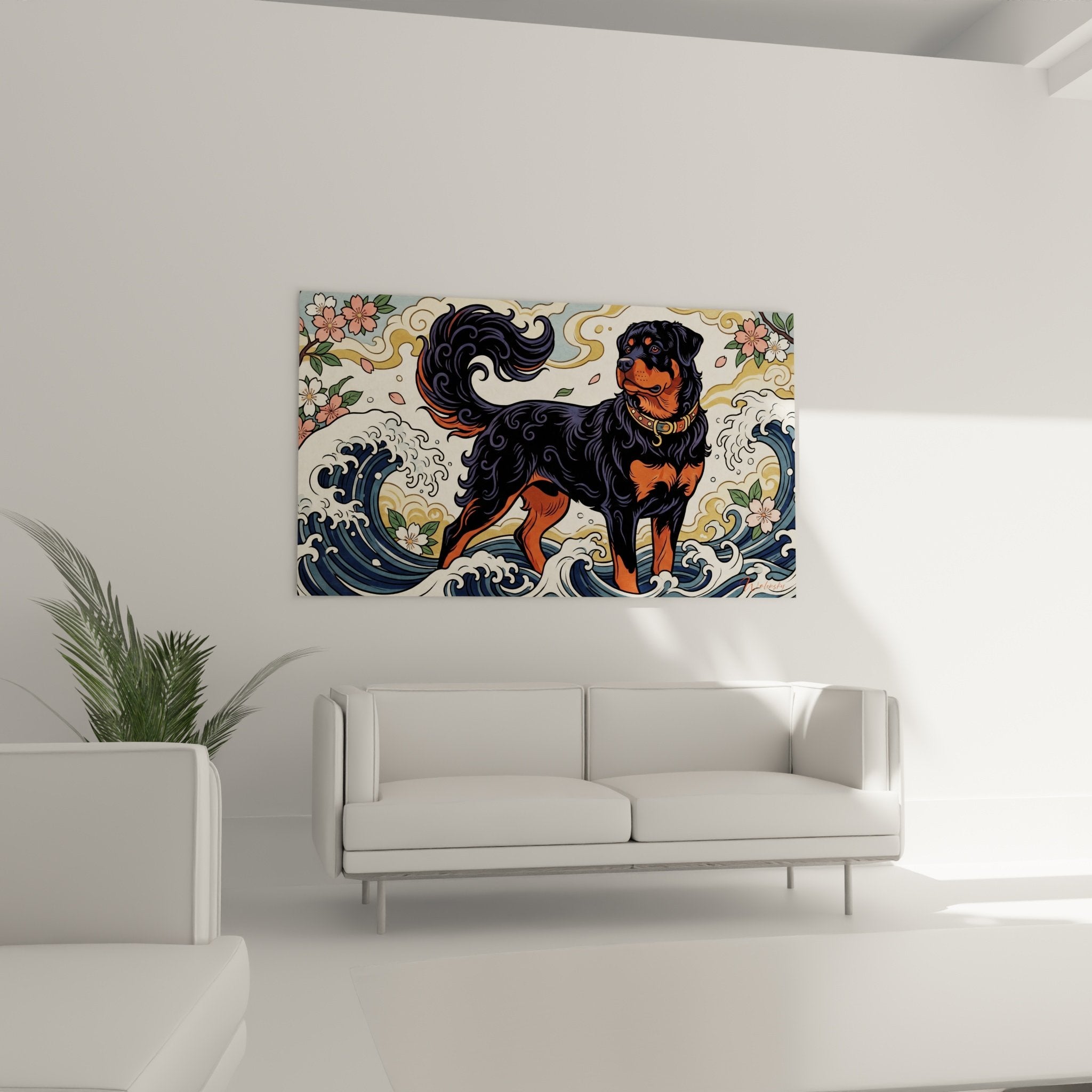 Détail tableau Rottweiler collier doré vagues bleues écume blanche style ukiyo-e