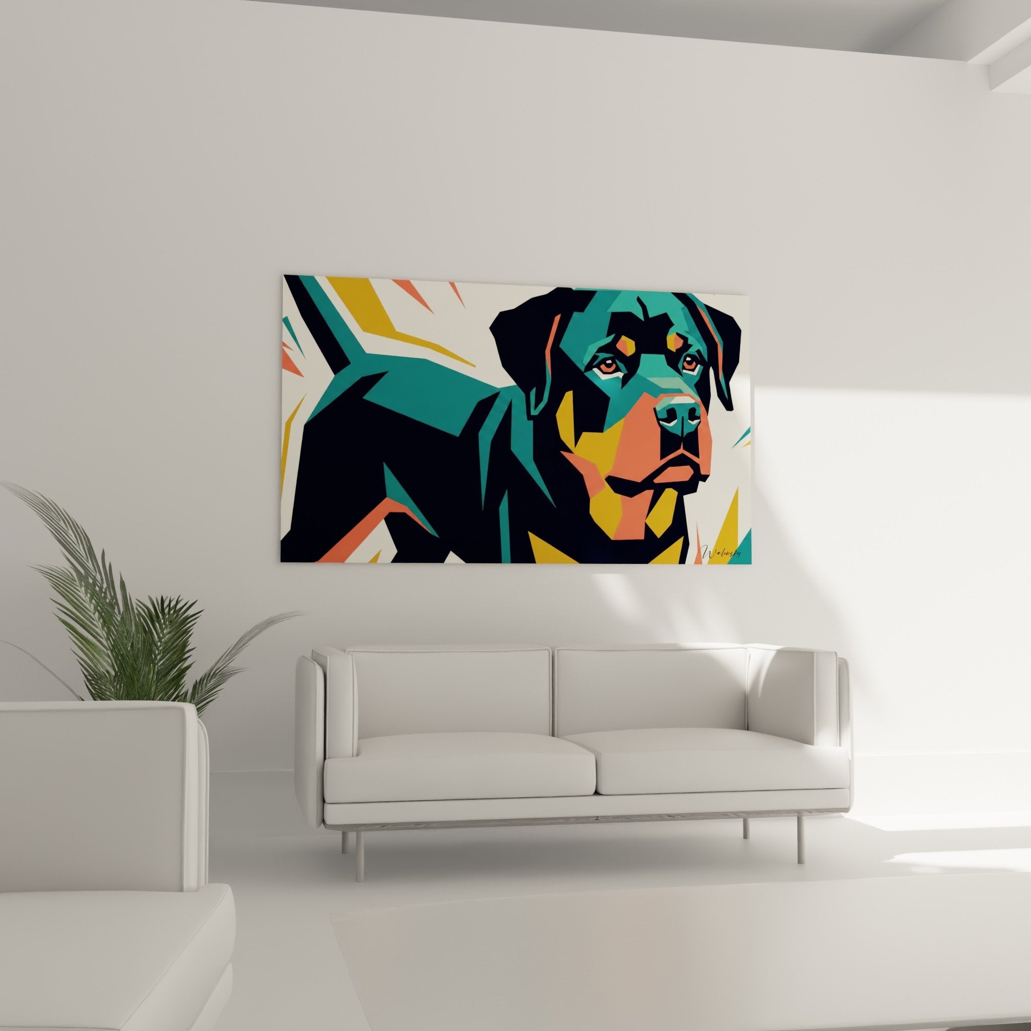 Détail du portrait Rottweiler montrant les facettes turquoise et orange du style géométrique contemporain