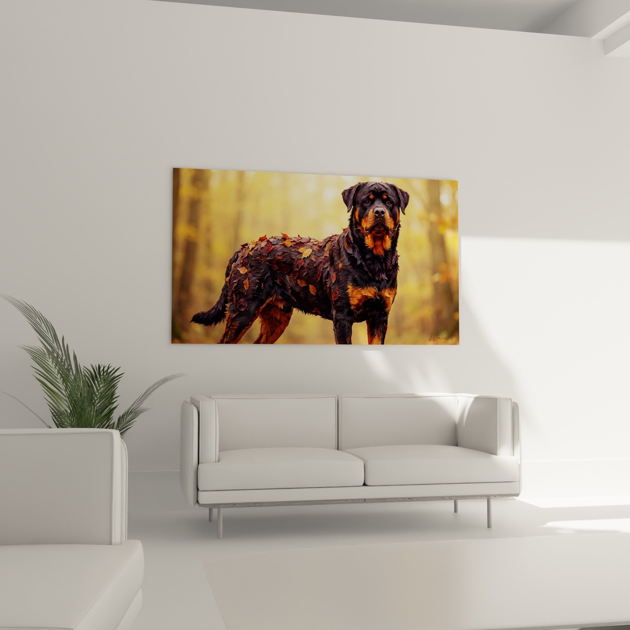 Gros plan tableau rottweiler pelage feuilles automne cuivrees details artistiques textures naturelles