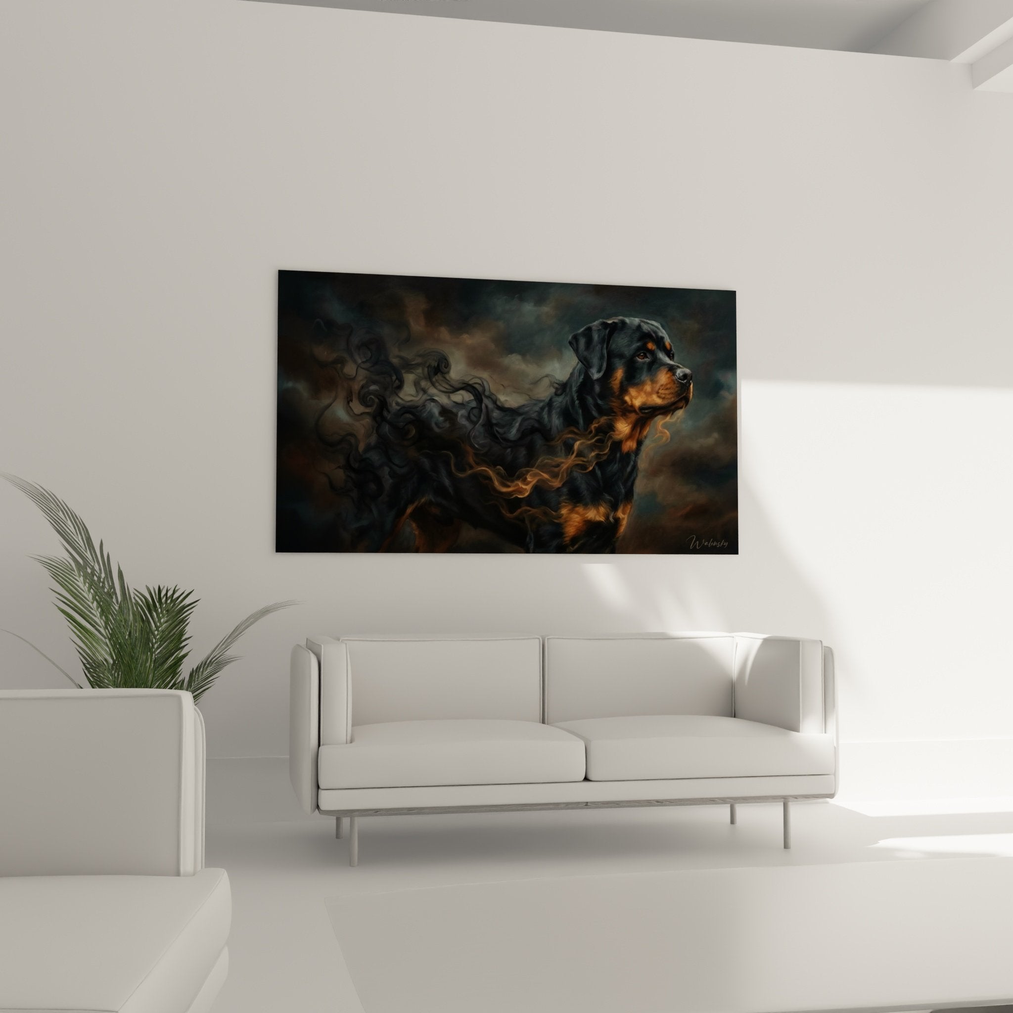 Détail proche tableau Rottweiler fumées dorées technique picturale raffinée portrait animalier artistique