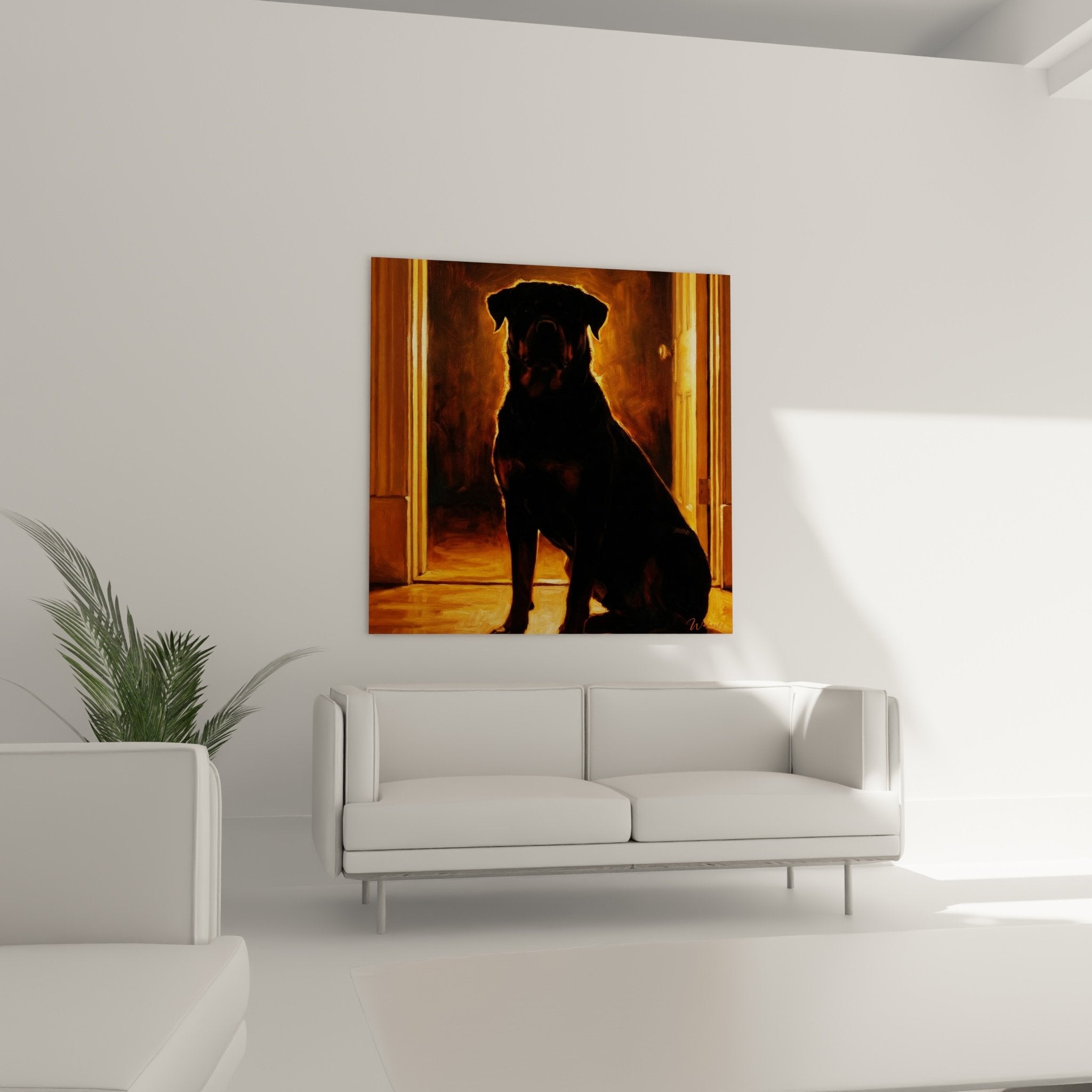 Detail Rottweiler contre-jour halo lumineux dore texture peinture art canin silhouette majestueuse