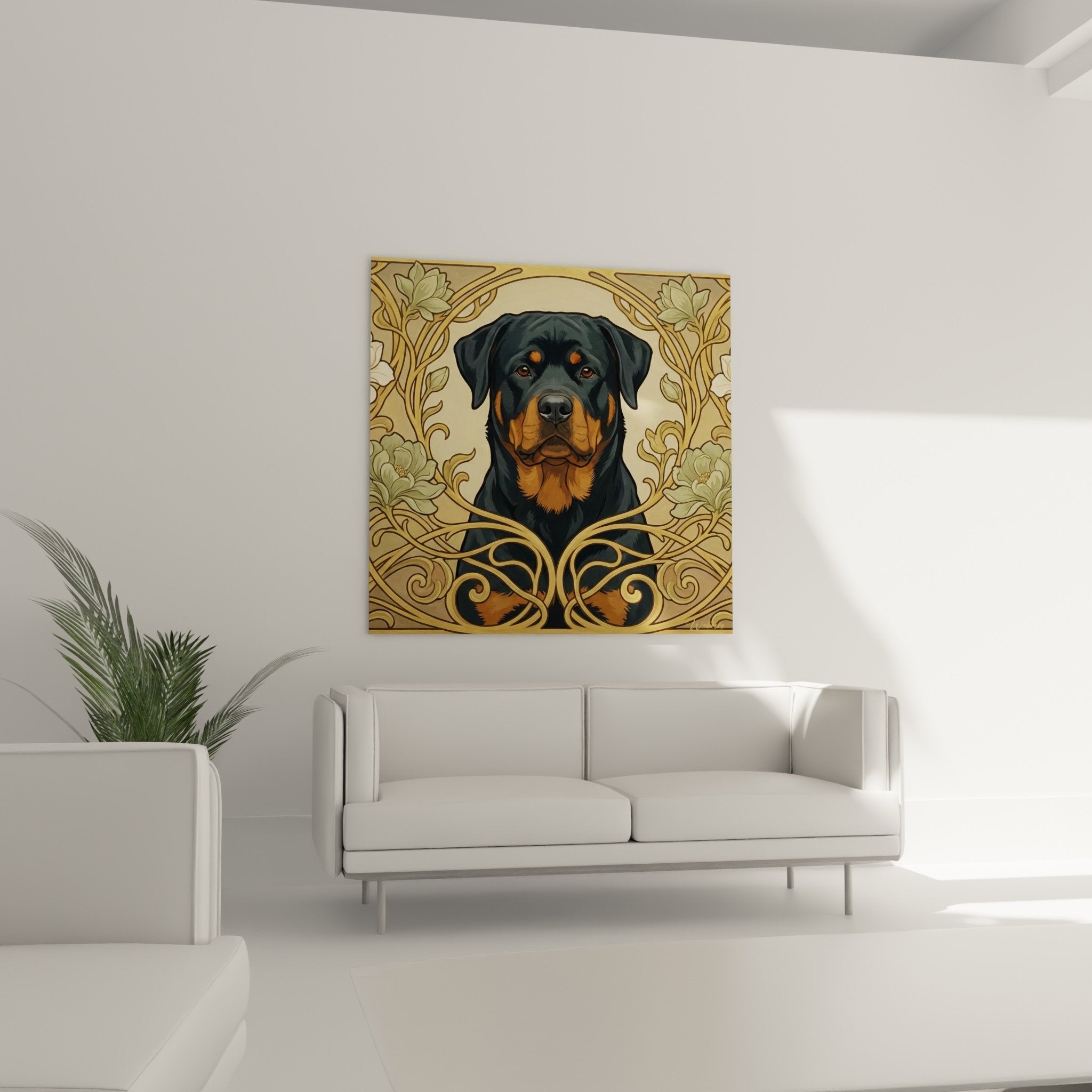 Détail portrait Rottweiler yeux expressifs ornements floraux dorés Art Nouveau