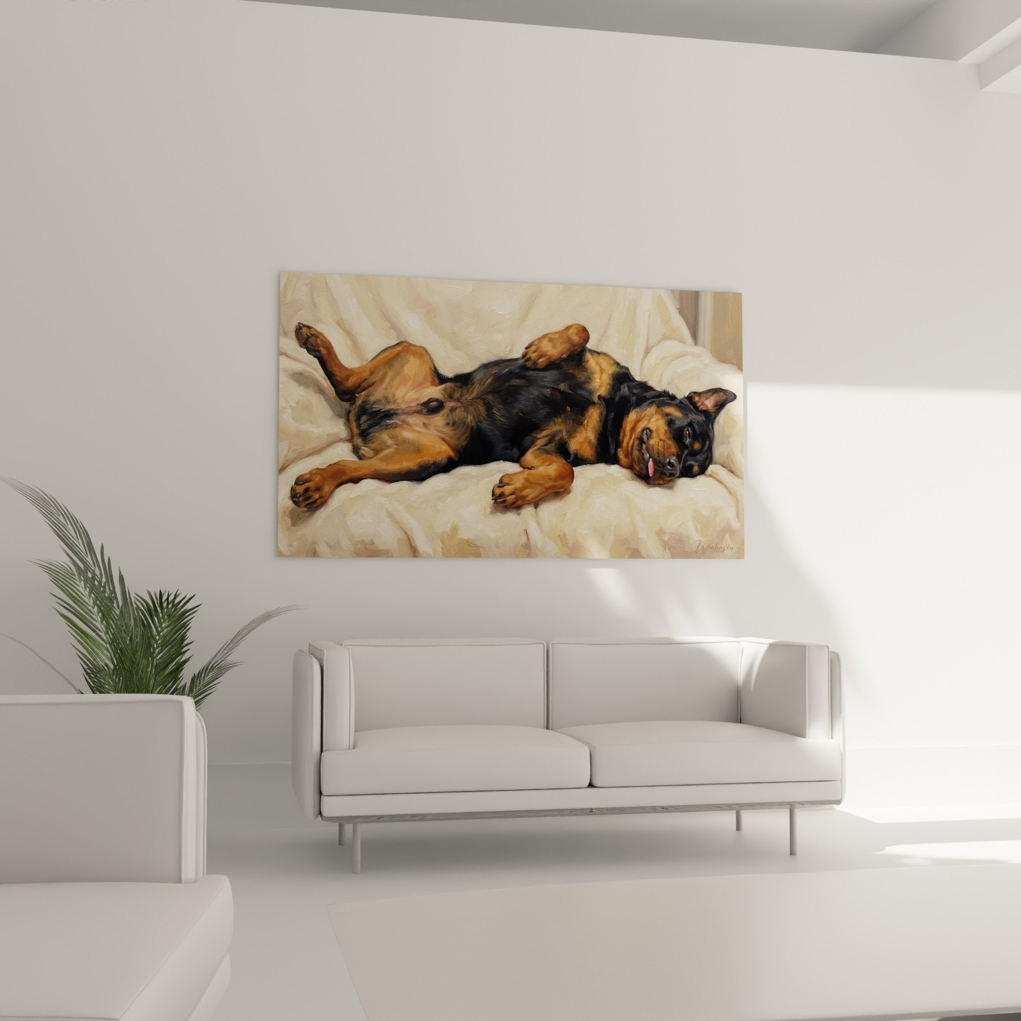 Detail peinture rottweiler endormi pelage fauve et noir texture realiste sur tissus blancs froisses