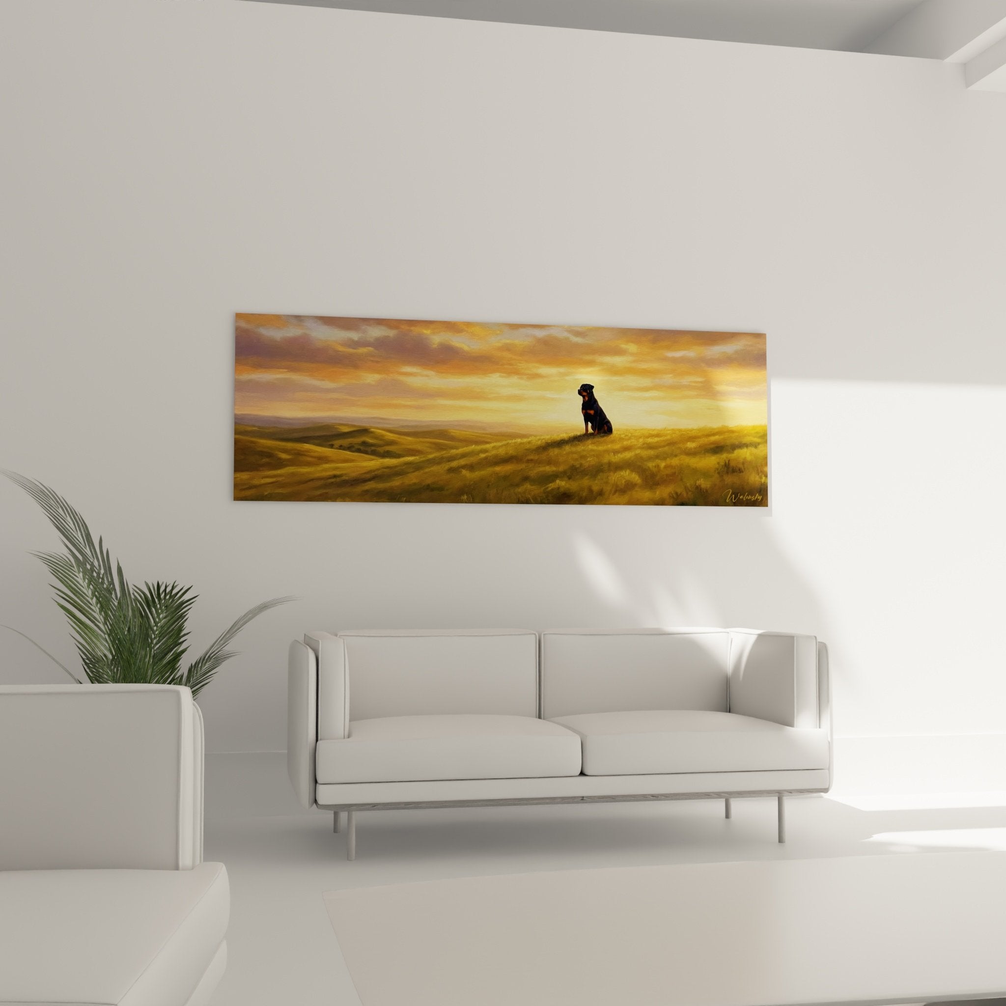 Détail Rottweiler silhouette sombre ciel orangé doré texture peinture paysage vallonné