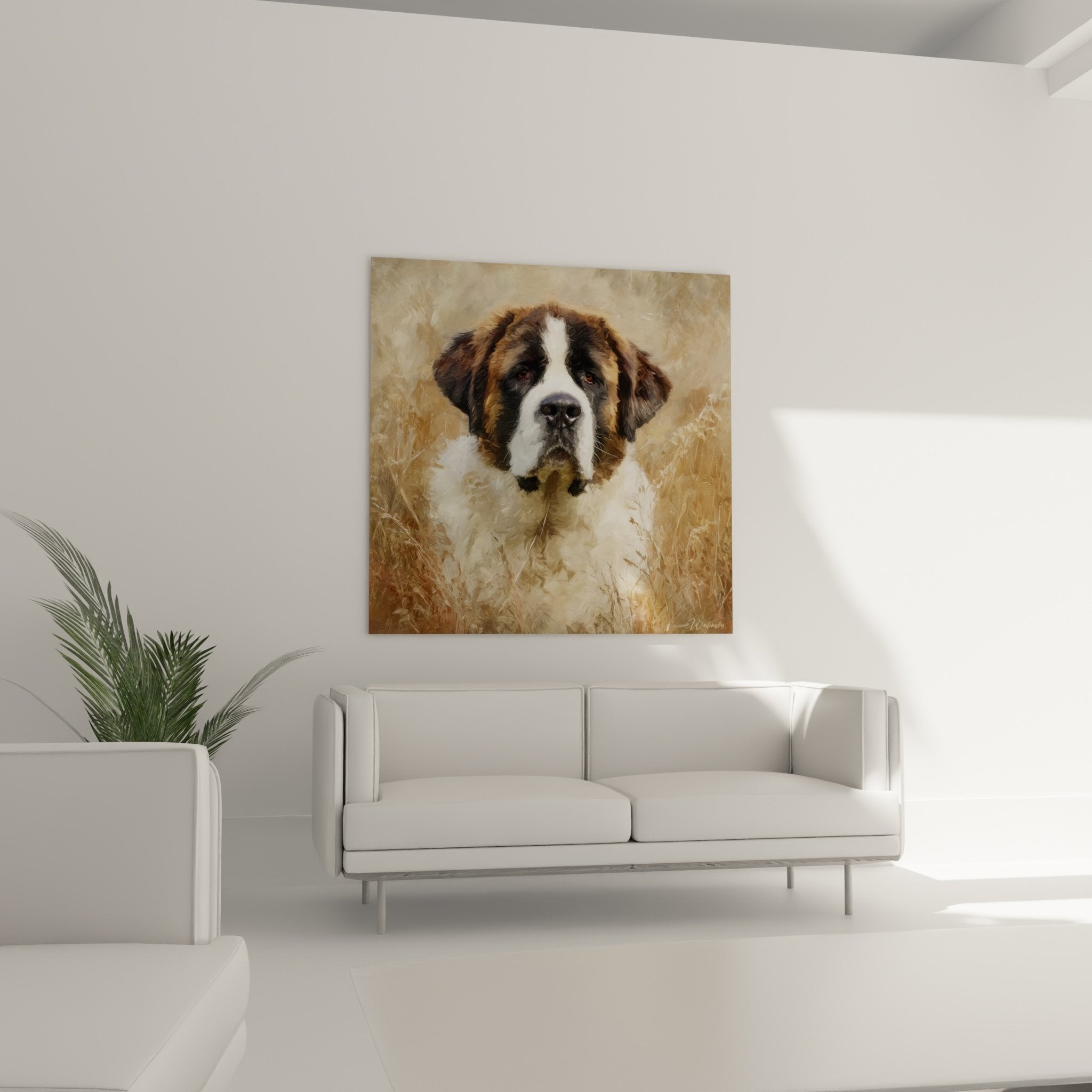 Détail portrait Saint Bernard yeux bruns expressifs pelage blanc roux technique picturale réaliste