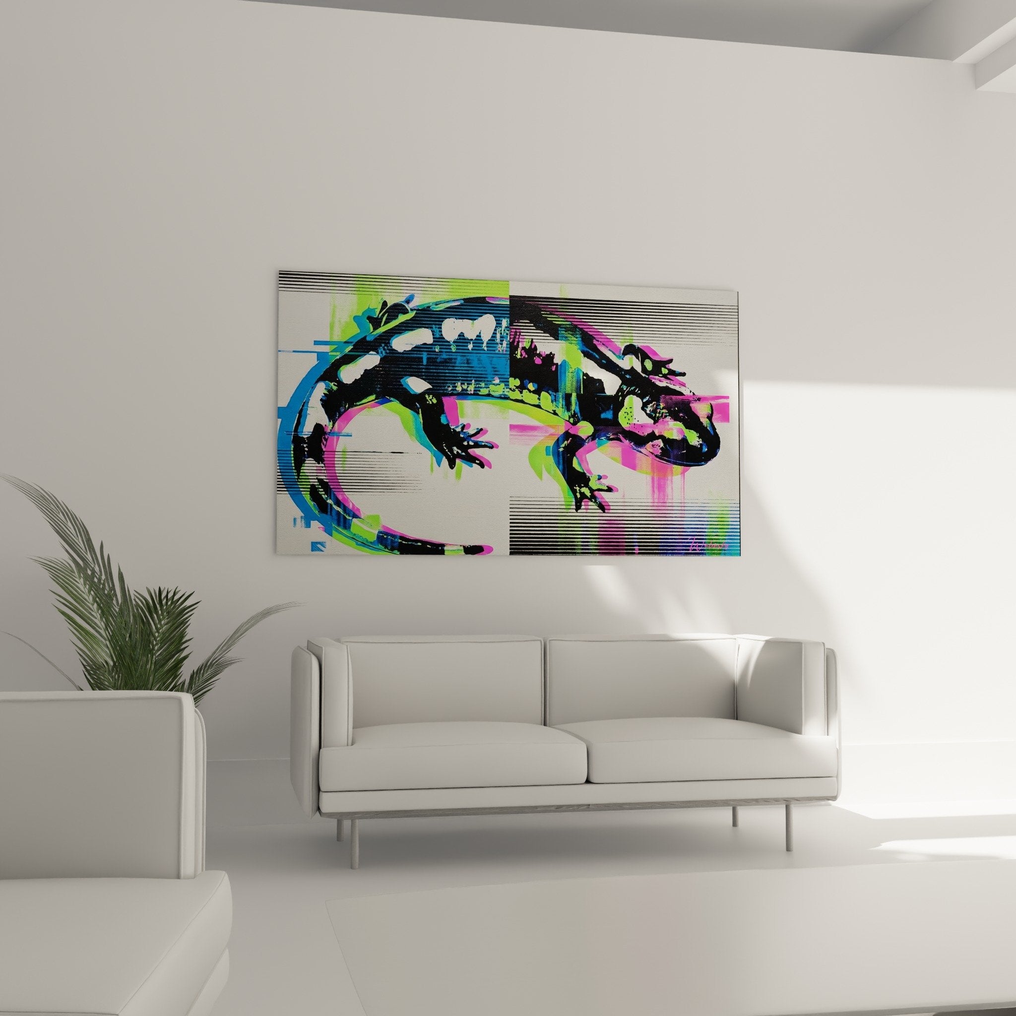 Salamander-Kunstwerk mit digitalen Effekten, Scanlinien, Neonfarben und künstlerischer Pixelierung