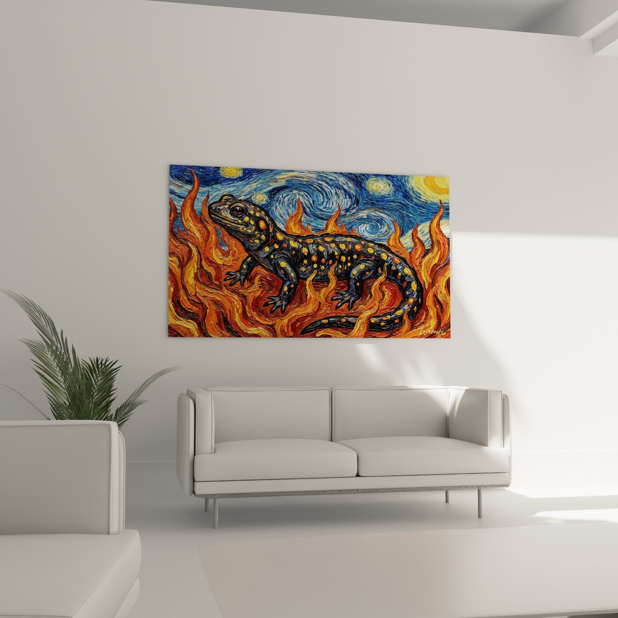 Detail salamandre noire taches dorees sur flammes orange coups pinceau expressifs style post impressionniste