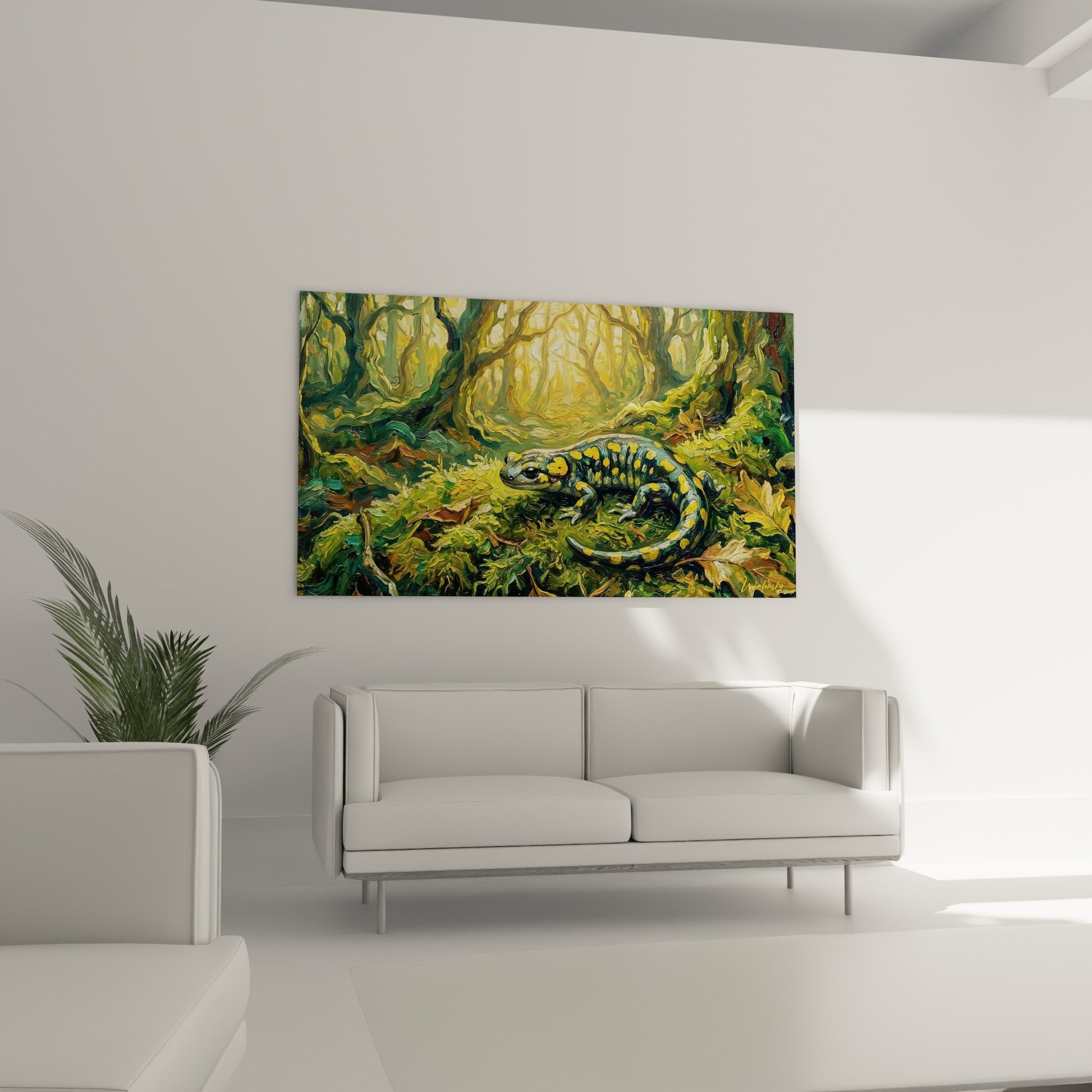 Salamandergemälde-Detail mit gelben Flecken, impressionistische Technik, ausdrucksstarke Pinselstriche, Tierkunst