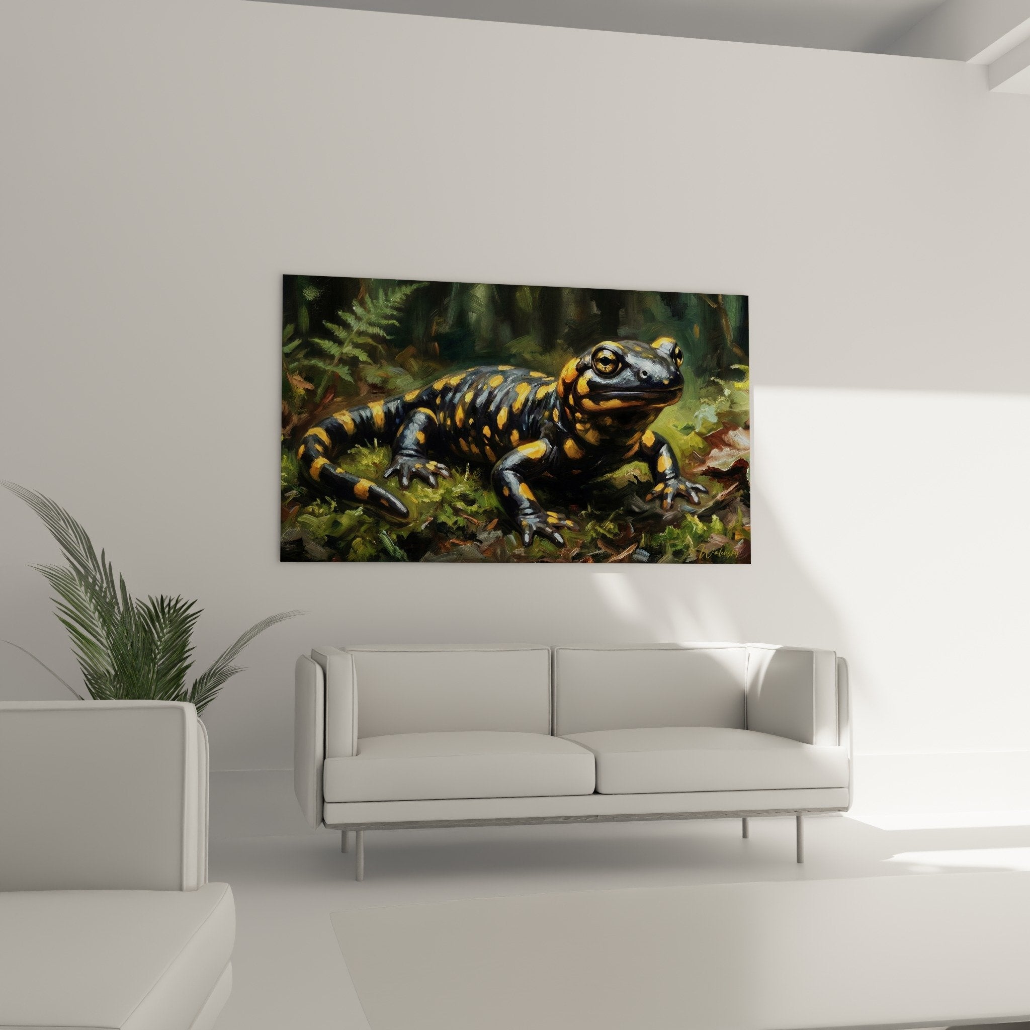Détail taches orange sur peau noire salamandre, yeux dorés brillants, rendu pictural précis