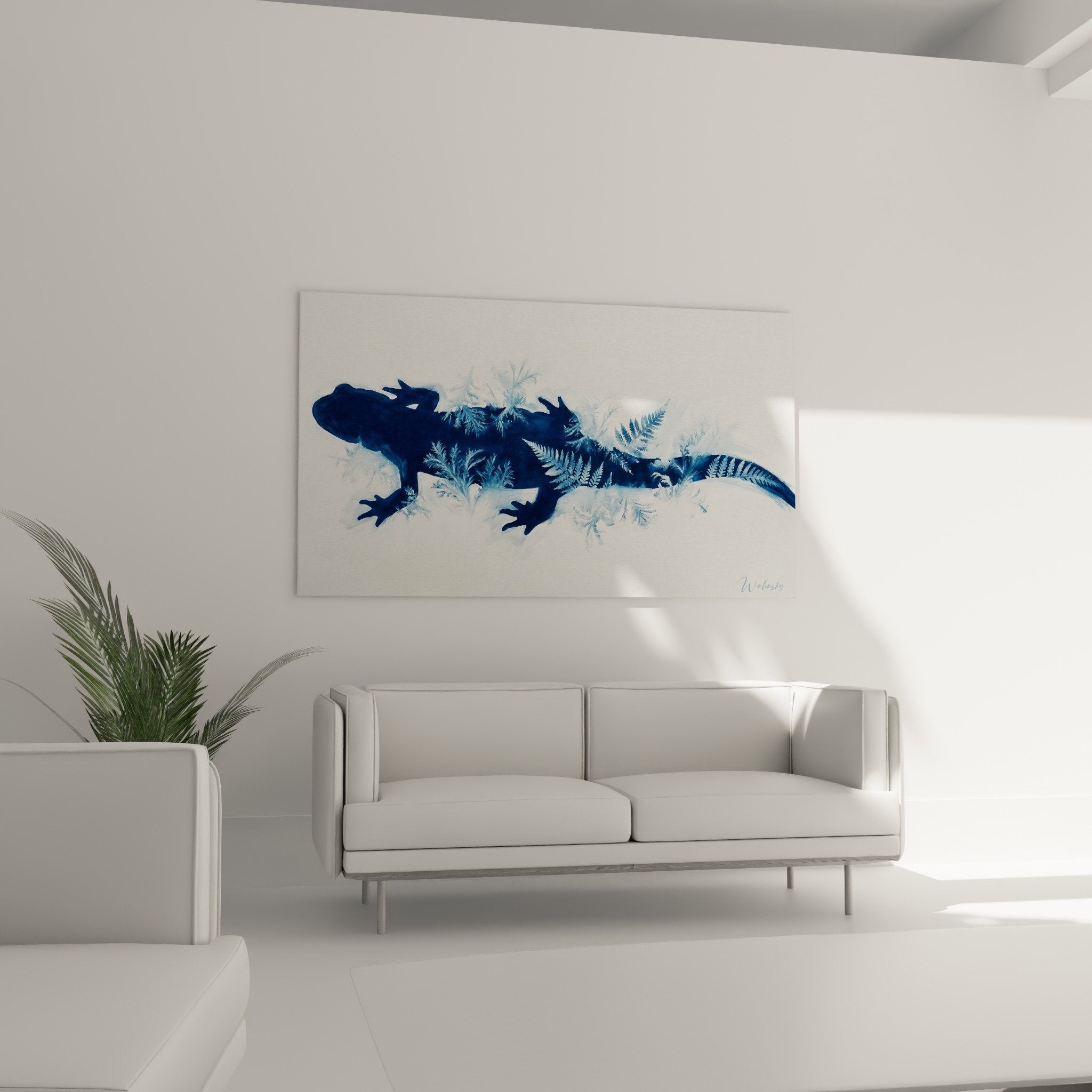 Detail des blauen Salamanders mit Transparenzeffekt, verschmolzen mit Farnen, doppelte Belichtung Kunstwerk in Blaugrautönen, künstlerische Kreation