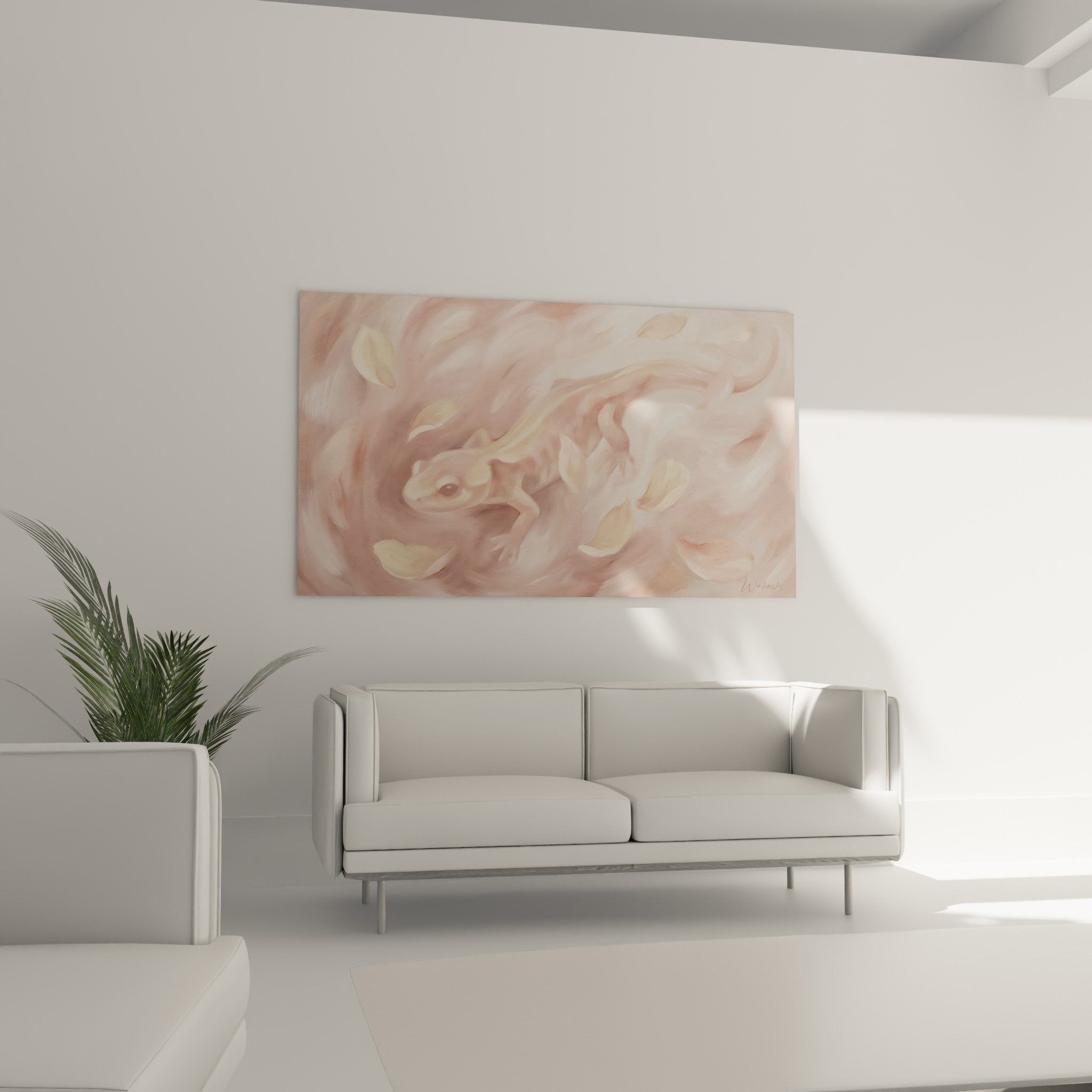 Detail salamandre rose tendre dans volutes vaporeuses dorées technique aquarelle effet onirique