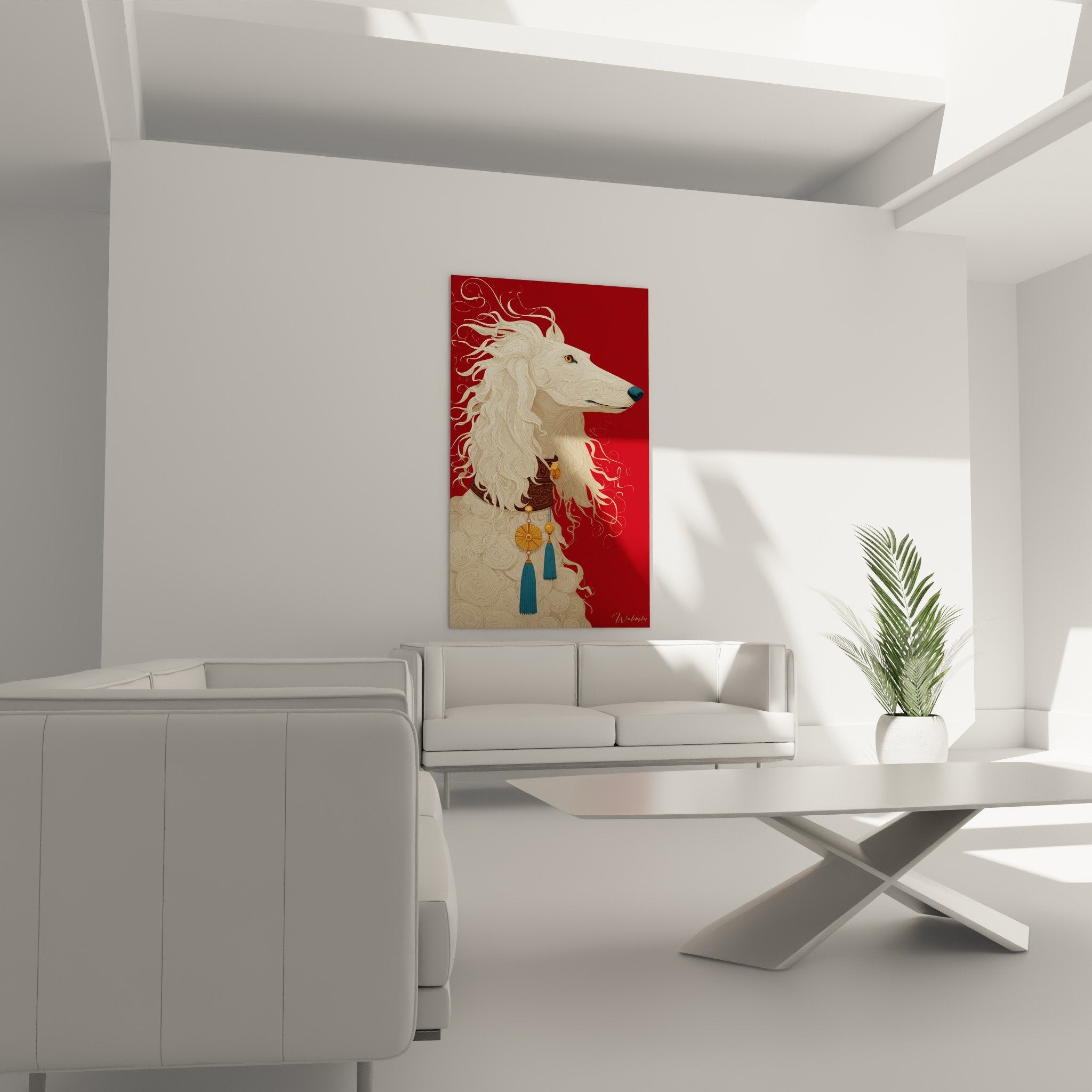 Détail du pelage blanc bouclé du Saluki et collier orné de pompons turquoise et médaillon doré