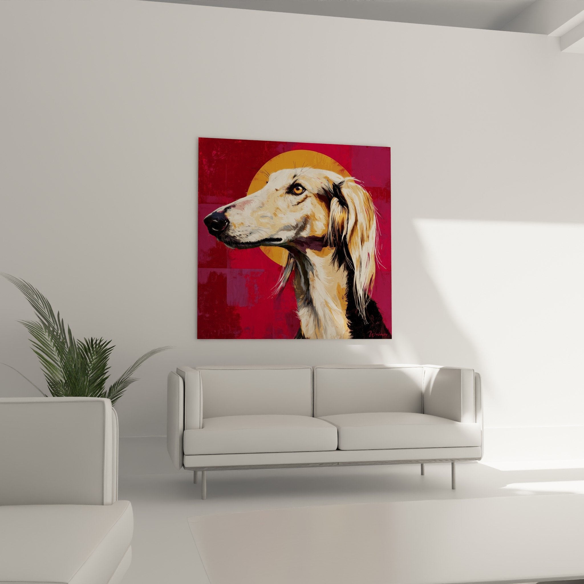 Détail portrait Saluki : pelage doré soyeux, regard ambre intense sur fond rouge bordeaux artistique