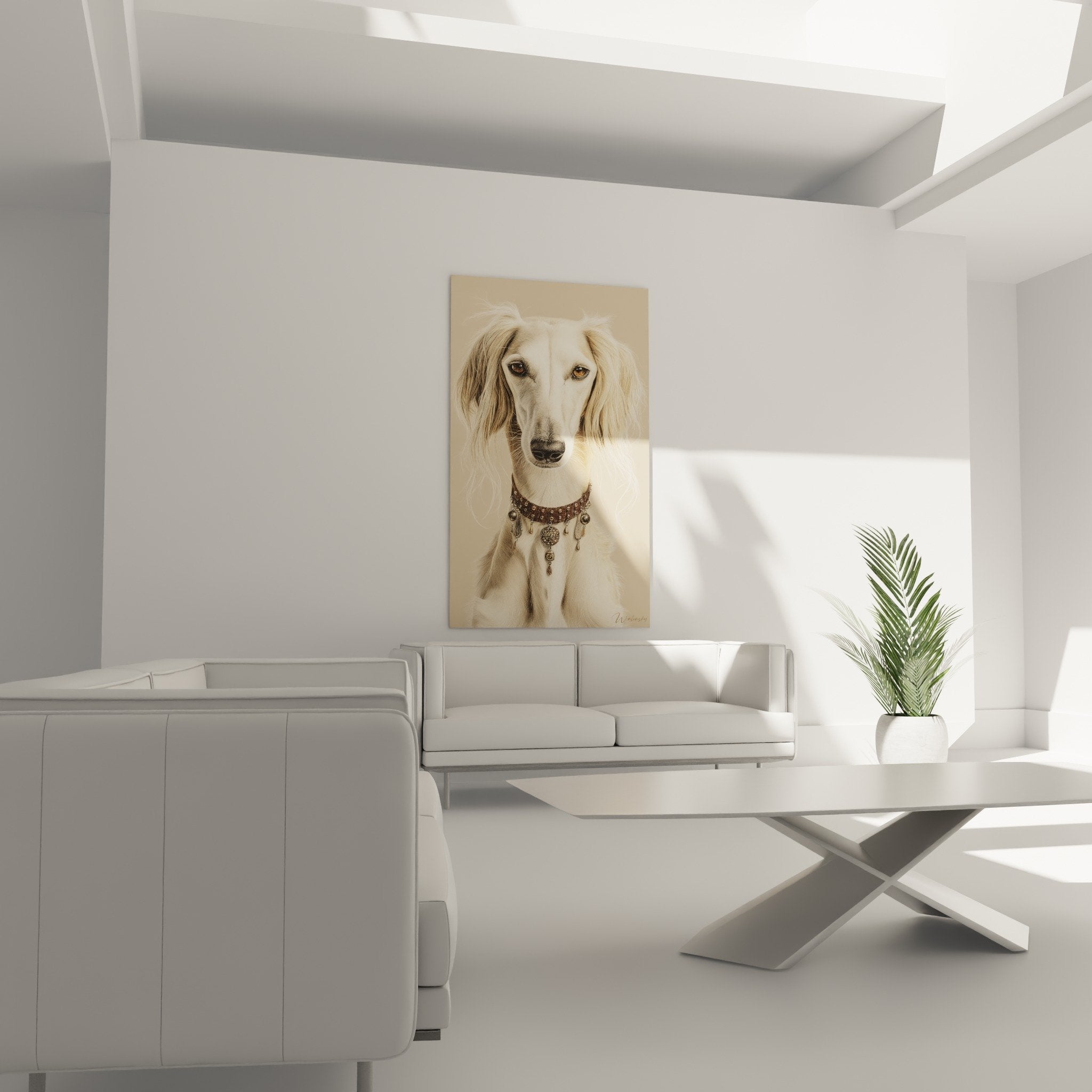 Détail du portrait Saluki montrant les yeux ambrés expressifs et le collier traditionnel orné de bijoux