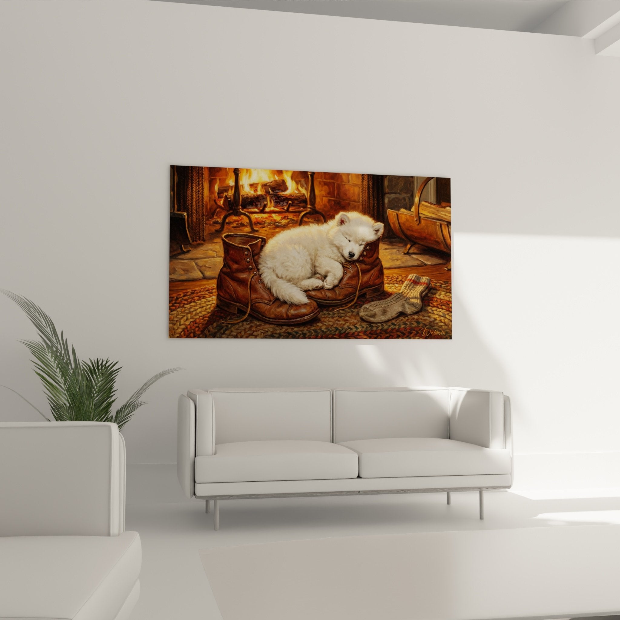Detail chiot samoyede pelage blanc loge bottes cuir patine lumiere doree feu cheminee