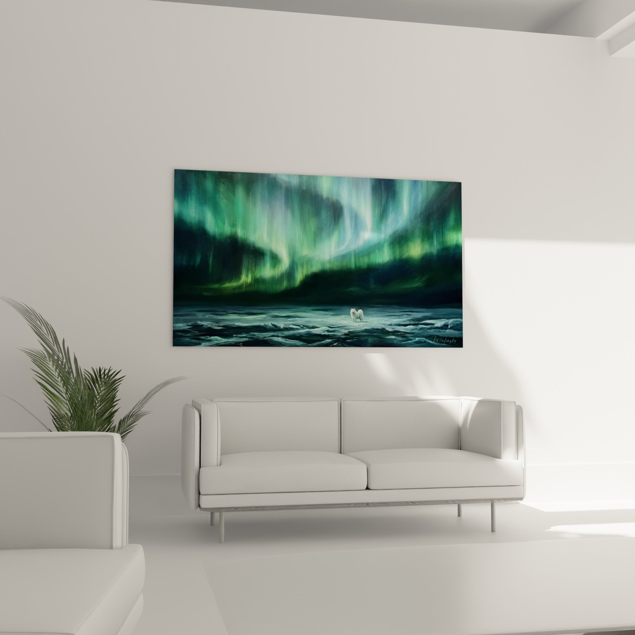 Detail tableau chien blanc sous lumieres polaires vertes bleutees texture artistique raffinee