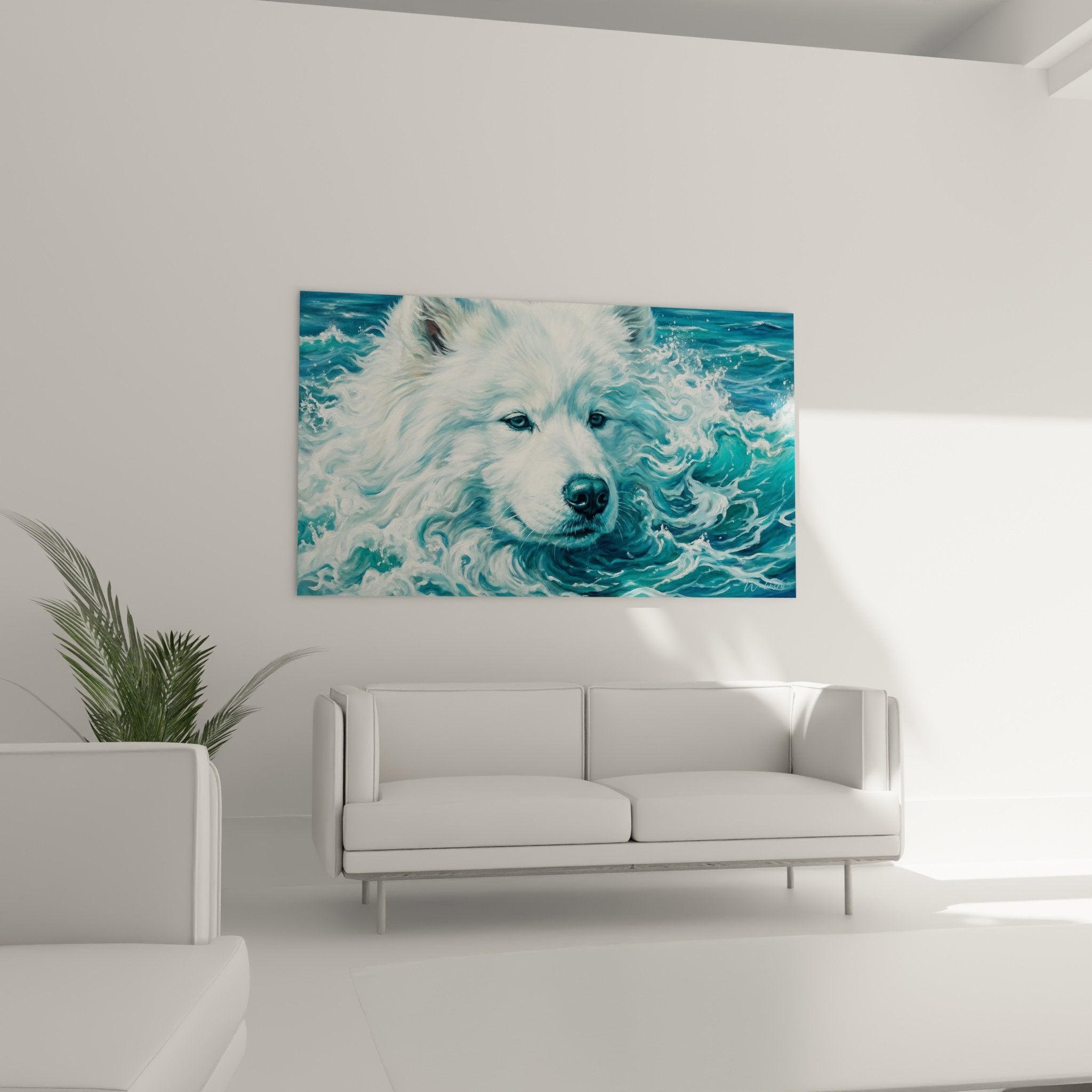 Détail rapproché tableau Samoyede yeux sombres pelage blanc mélangé aux vagues bleues turquoise