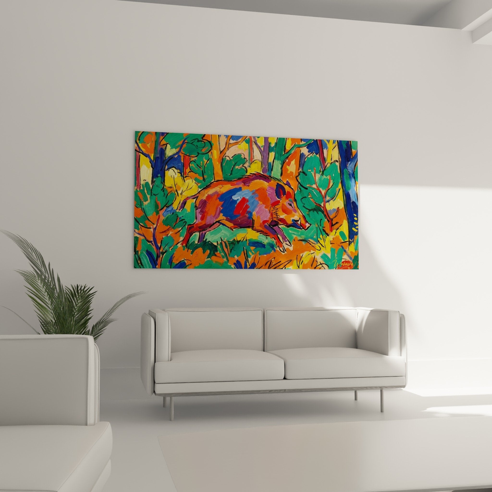 Detail expressionistisches Wildschwein-Gemälde mit orange, roten und blauen Farbaufträgen und nicht-naturalistischen Farbtönen