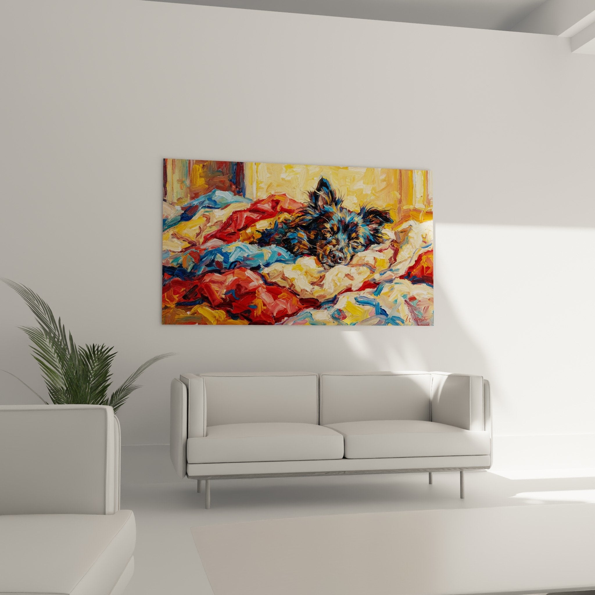 Detail peinture Schipperke noir repos couvertures bariolees technique empâtement coups pinceau expressifs