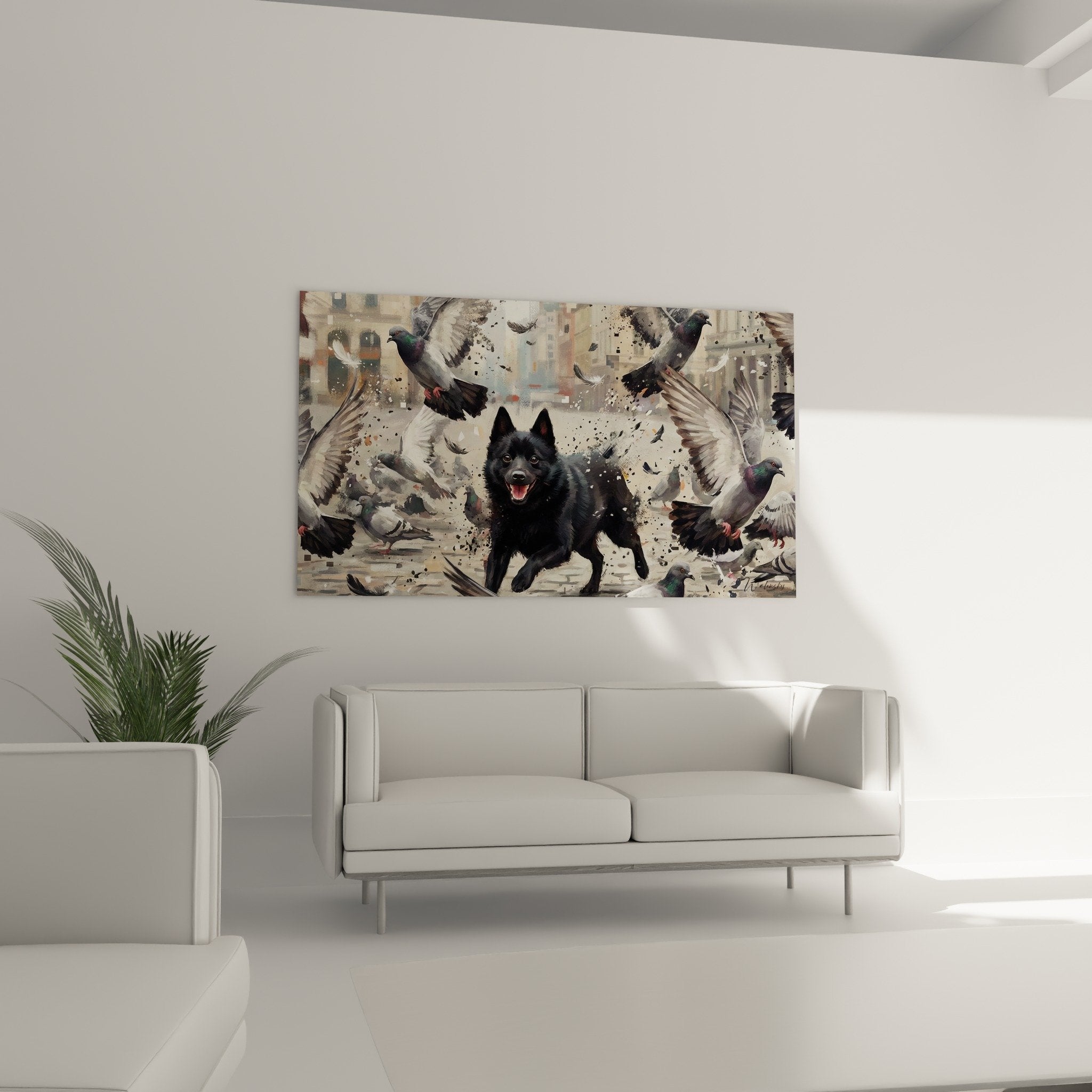 Detail du tableau montrant le pelage noir du Schipperke et les ailes deployees des pigeons en mouvement