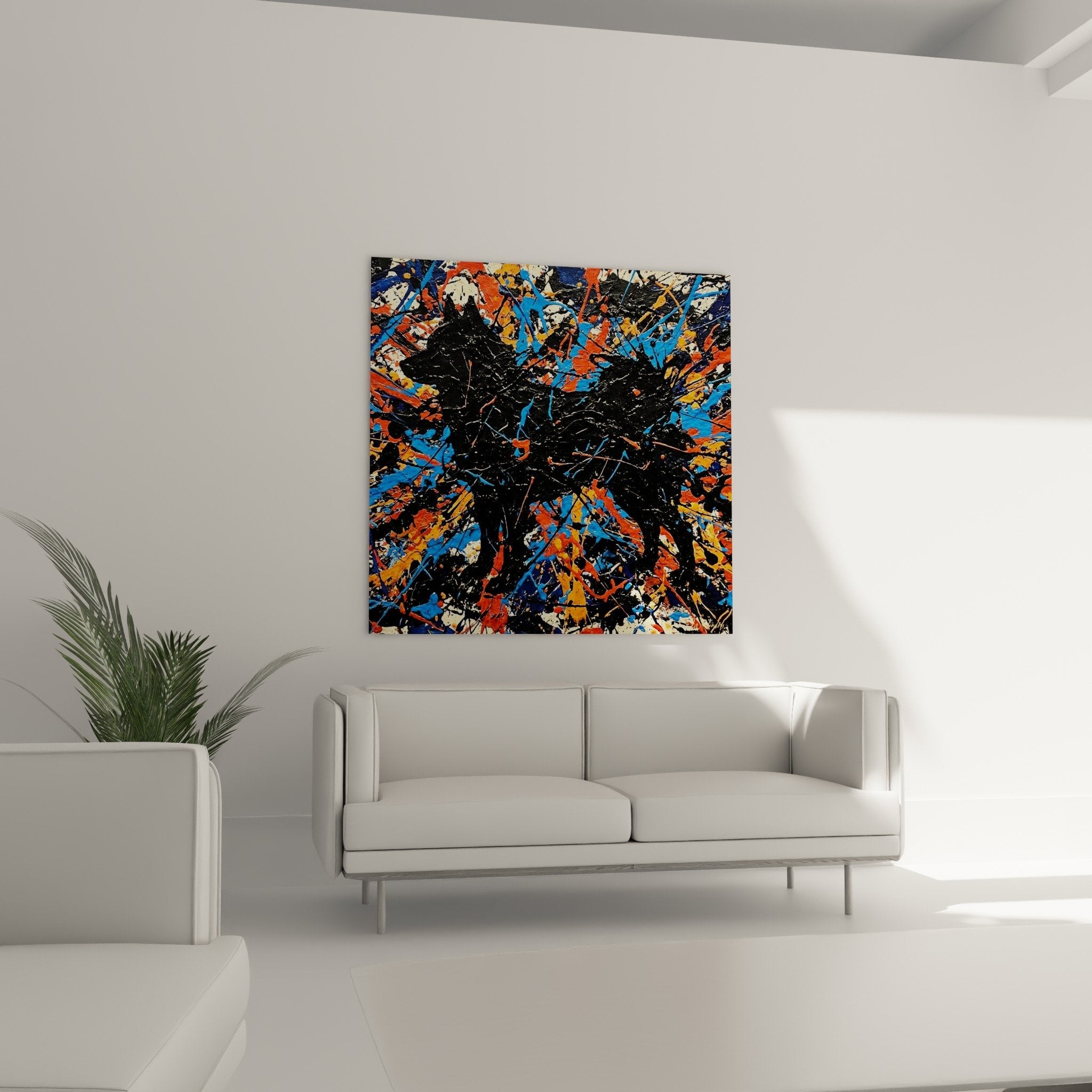 Detail Gemälde Schipperke Farbspritzer blau orange Kontrast schwarze Silhouette moderner Stil