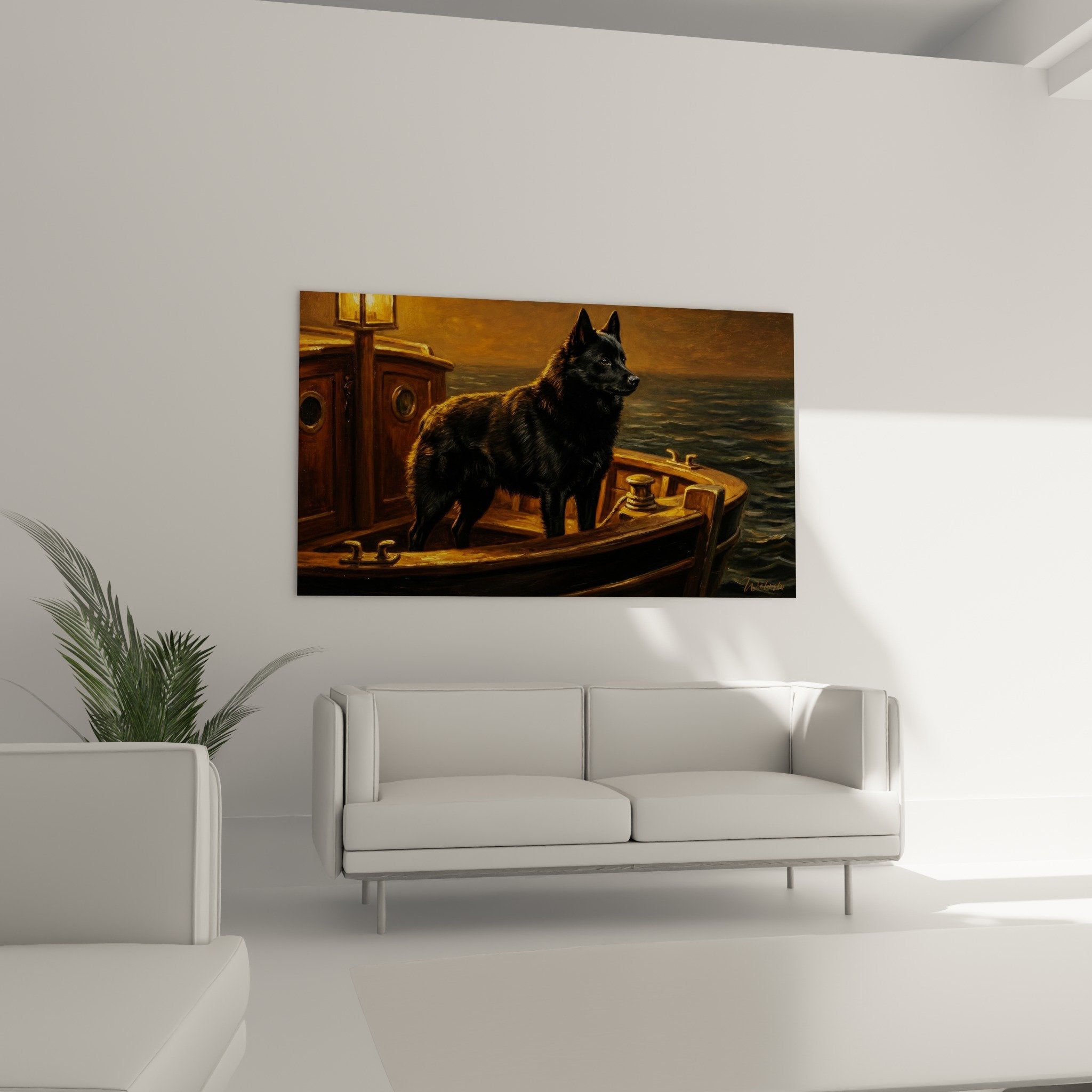 Detailansicht Gemälde Schipperke schwarzes glänzendes Fell goldenes Licht Holzsteg patiniertes Boot realistische Darstellung
