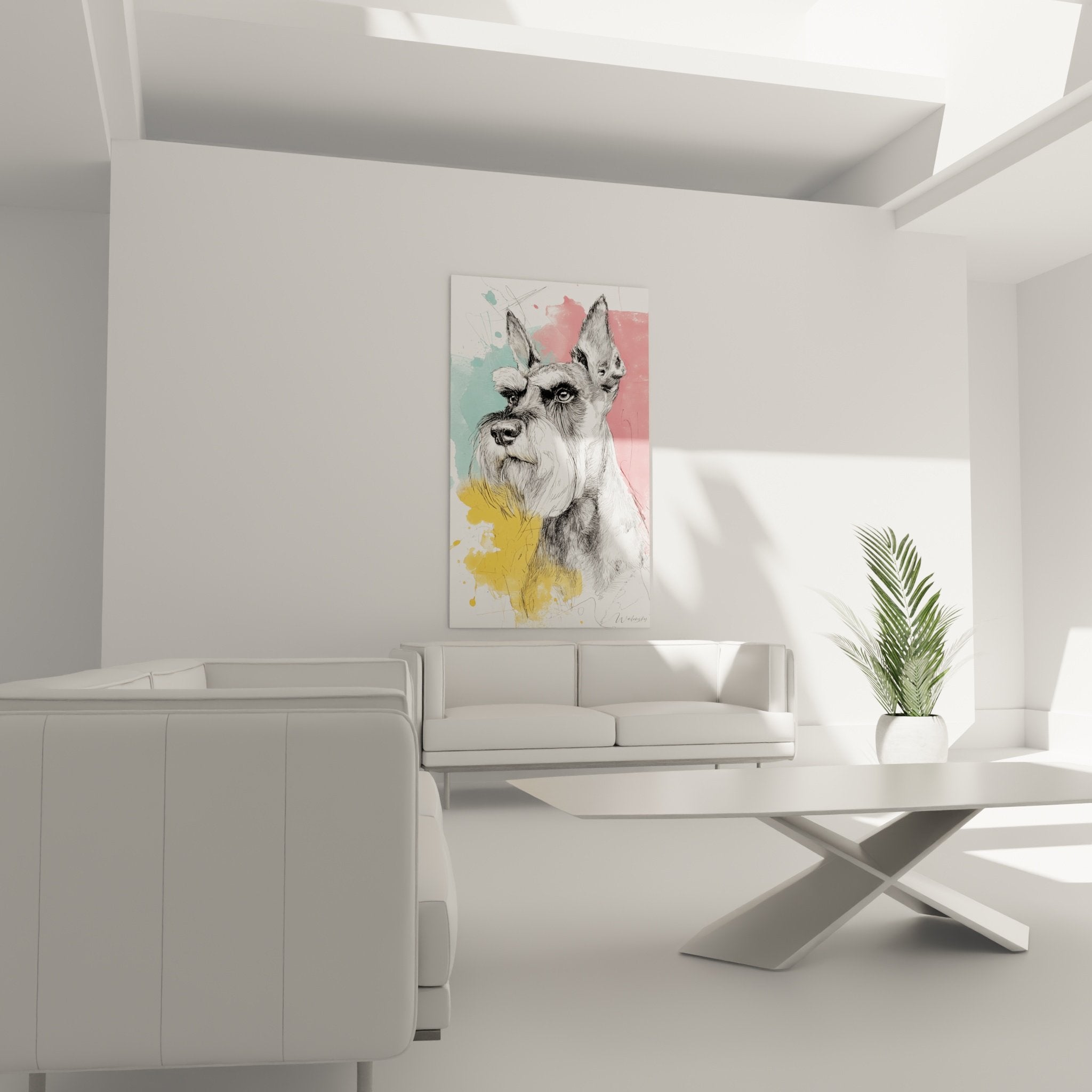 Dettaglio ritratto Schnauzer disegno al tratto nero con schizzi pastello tecnica acquerello moderno