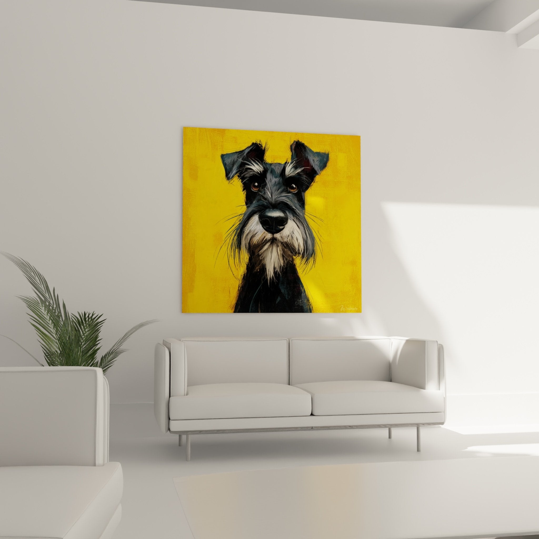 Detail portrait Schnauzer pelage gris argente regard expressif technique picturale moderne coups pinceau expressifs