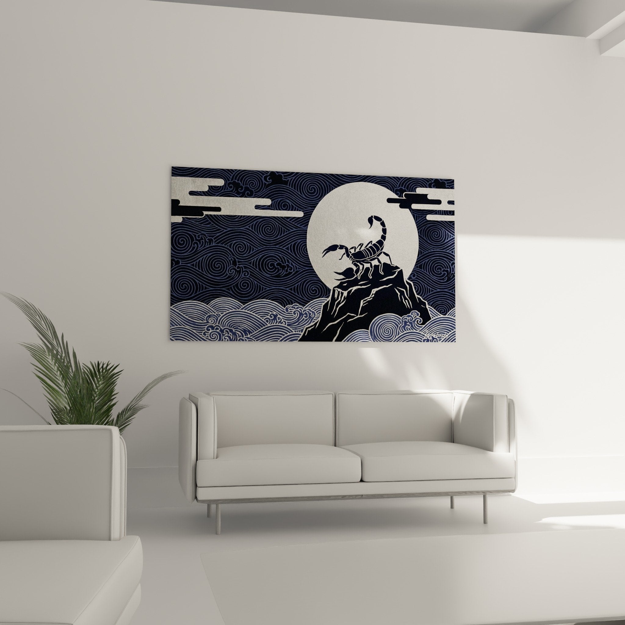 Close-up detail of black scorpion on moon with dark blue concentric spiral patterns