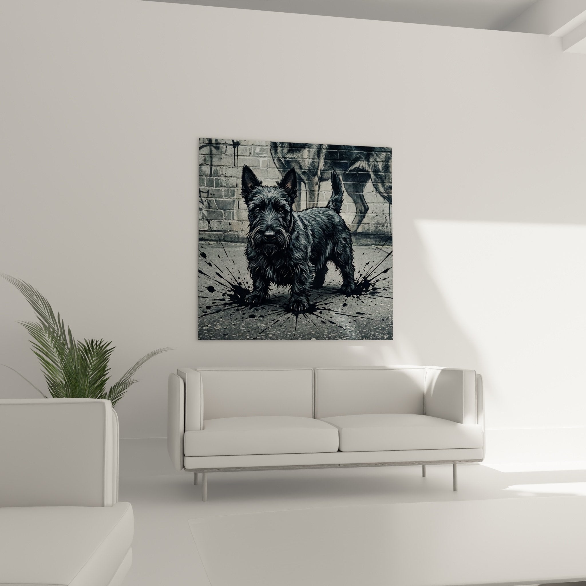 Detail Scottish Terrier noir pelage texture eclats peinture noire art contemporain mural decoration