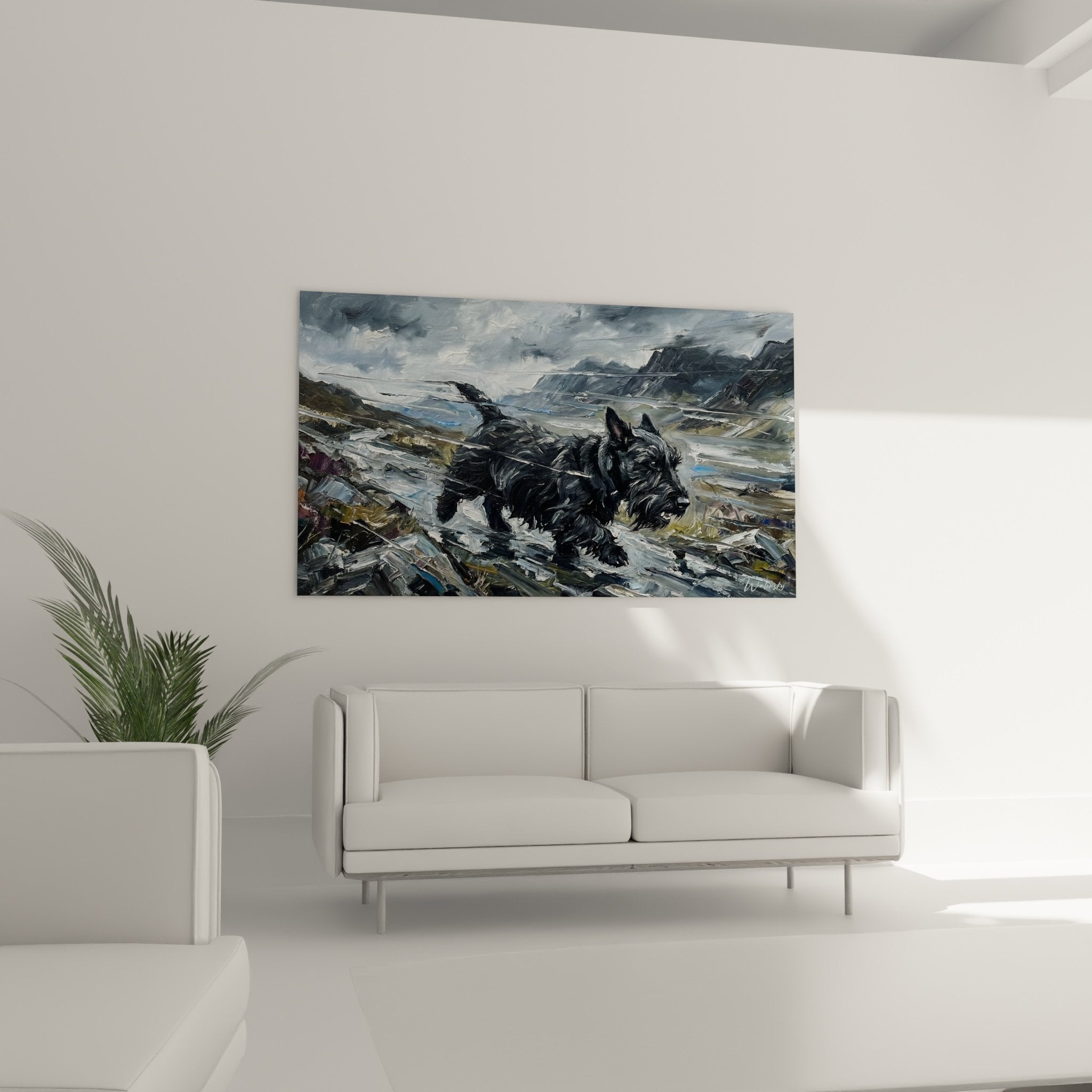 Detail peinture Scottish Terrier noir texture empate coups pinceau expressifs toile