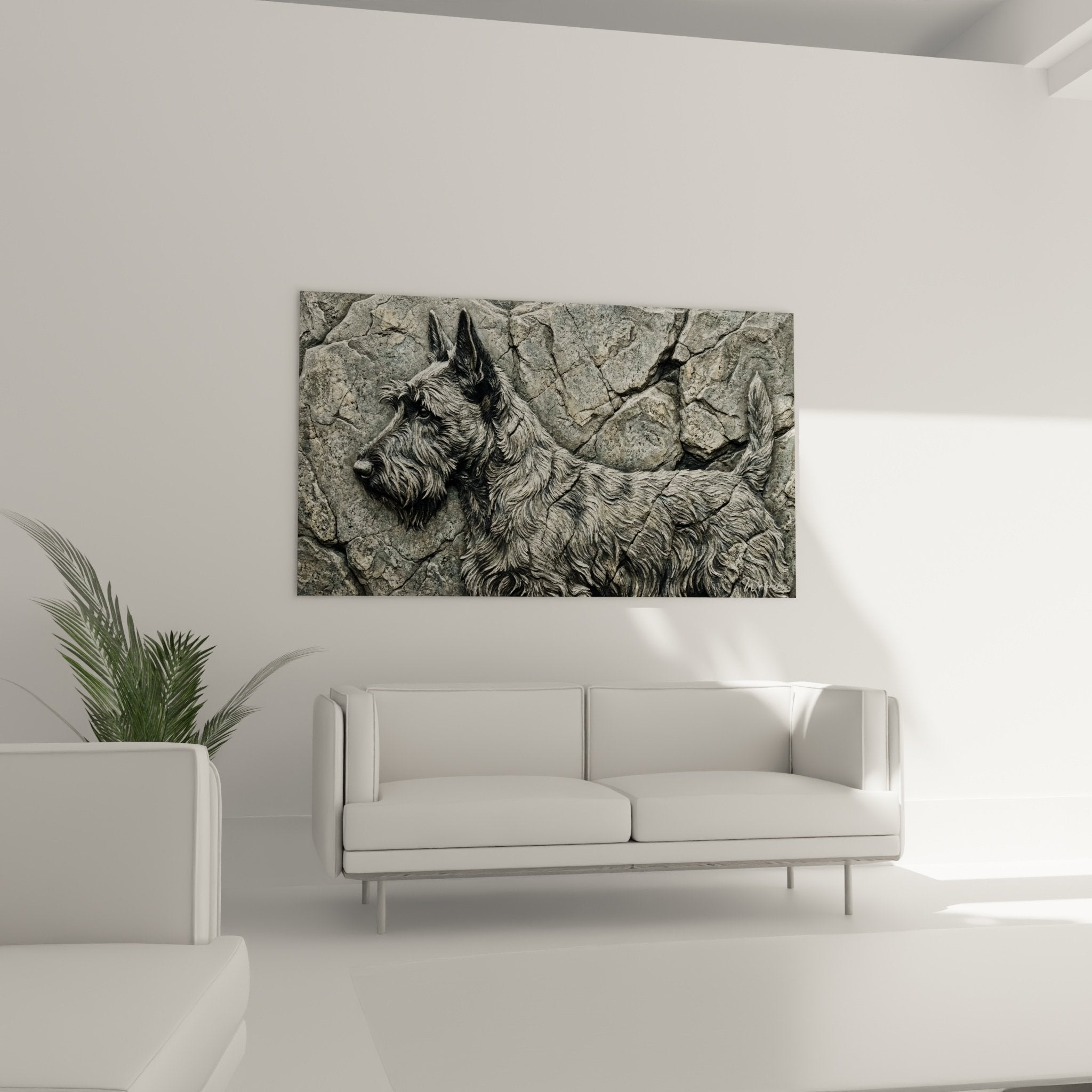 Gros plan détaillé Scottish Terrier pelage noir soyeux, expression tendre, technique réaliste