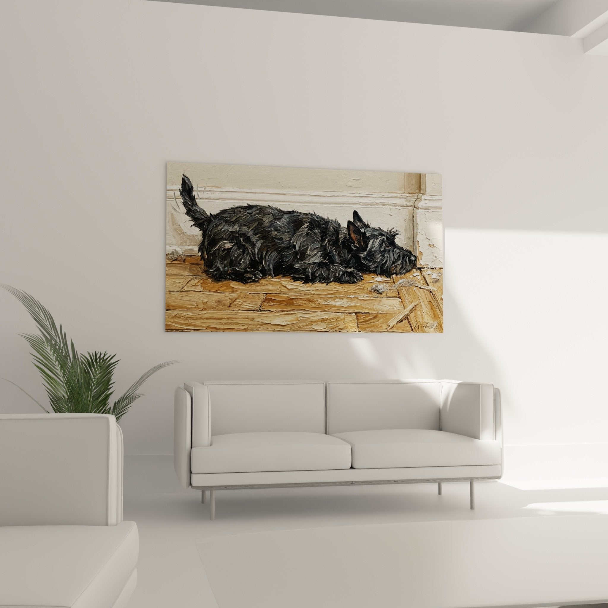 Détail peinture Scottish Terrier pelage noir texturé, technique empâtement chien endormi parquet bois
