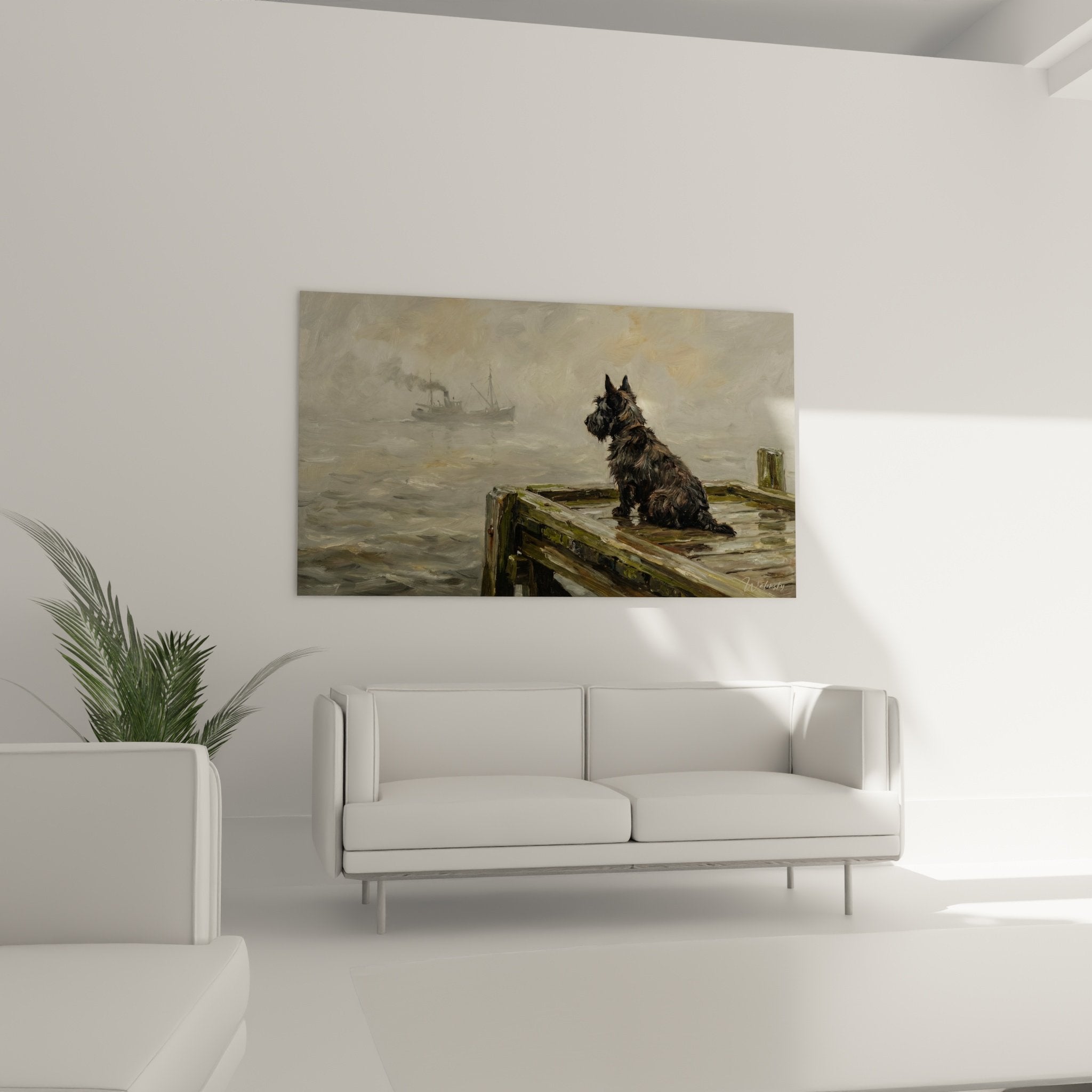 Détail Scottish Terrier au pelage sombre sur planches de bois patiné - peinture aux tons gris et beiges