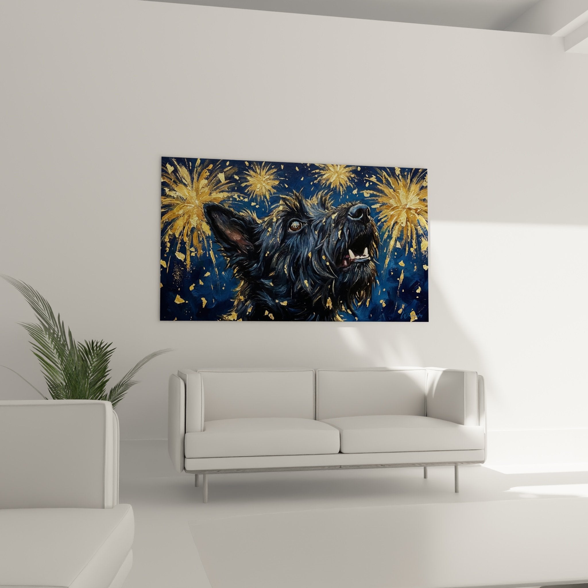 Detail chien noir Scottish Terrier pelage reflets dores particules lumineuses art mural zoom