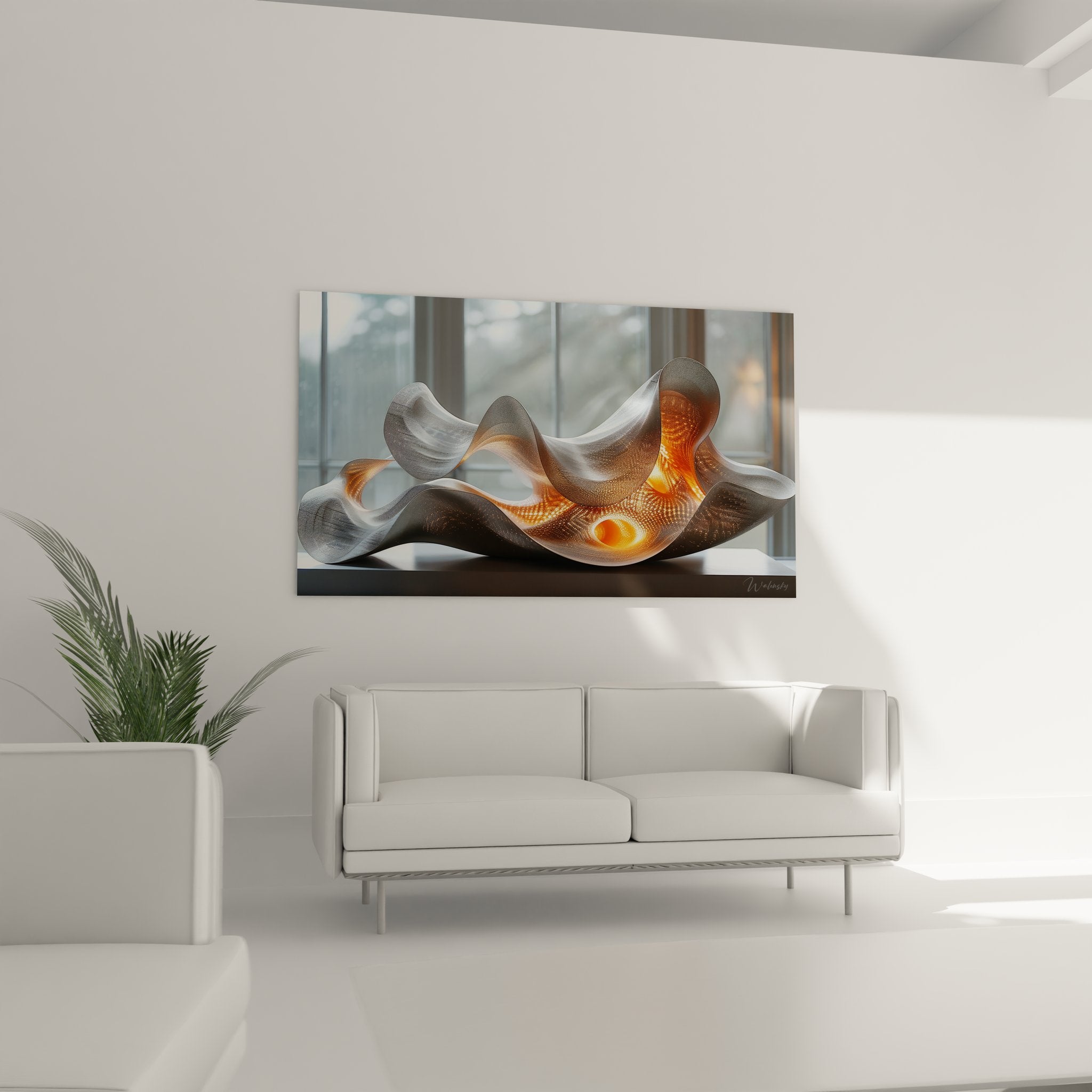 Détail sculpture ondulante moderne avec reflets dorés et textures métalliques artistiques